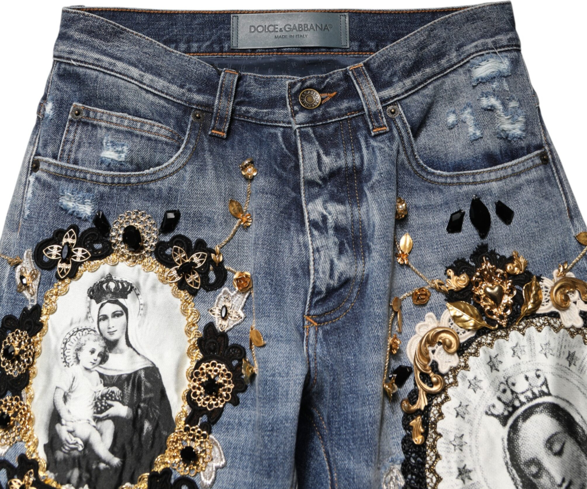 Blaue zerrissene Jeans mit Verzierungen aus Baumwoll-Denim von Dolce & Gabbana