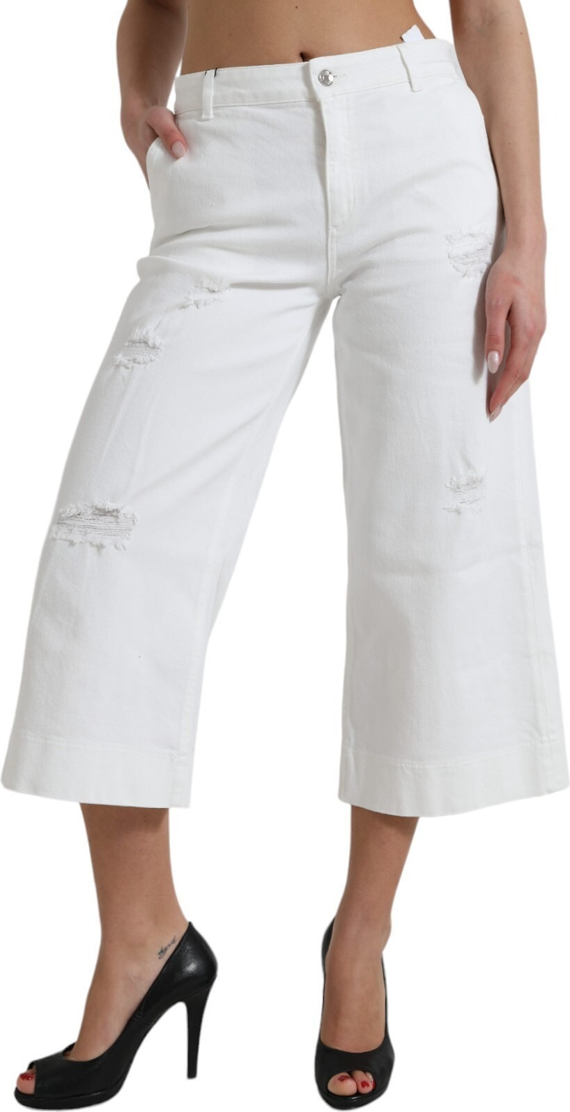 Wide Leg White Cotton Cropped Denim Jeans Dolce & Gabbana