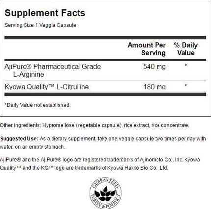 Veg Capsules Swanson Ajipure L-Arginine with L-Citrulline Amino Acid