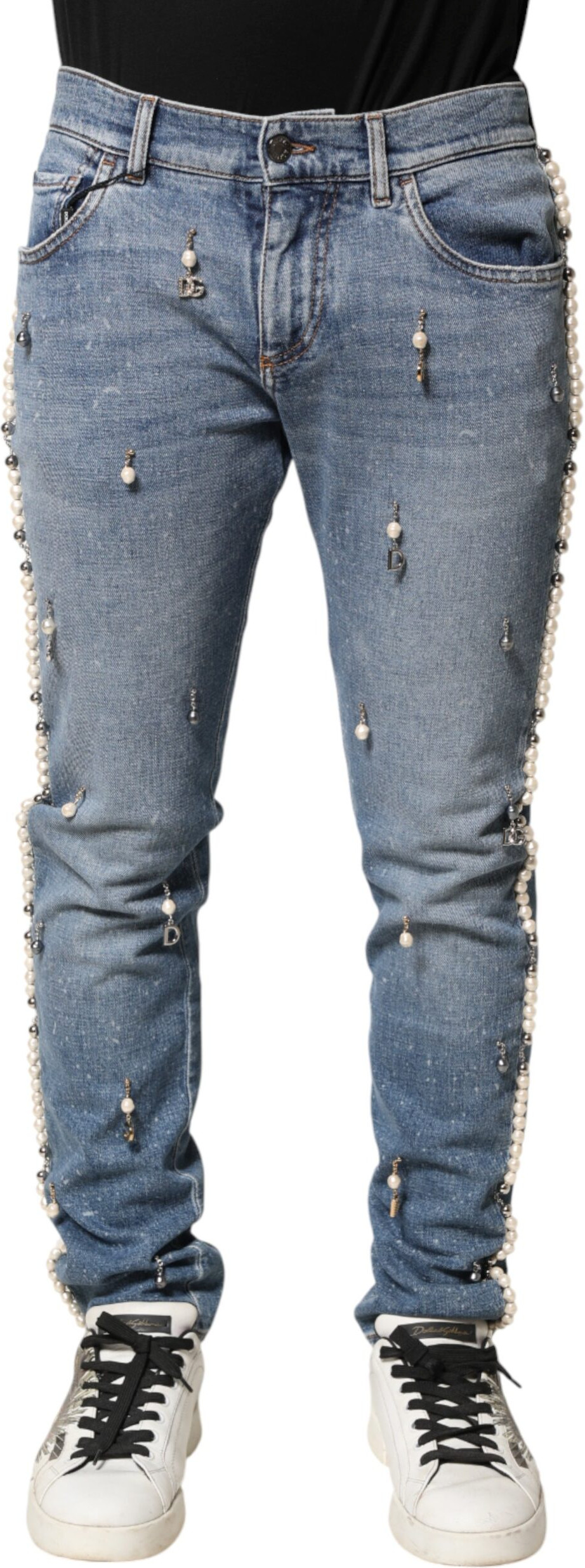 Blaue verzierte Baumwoll Skinny Jeans von Dolce & Gabbana