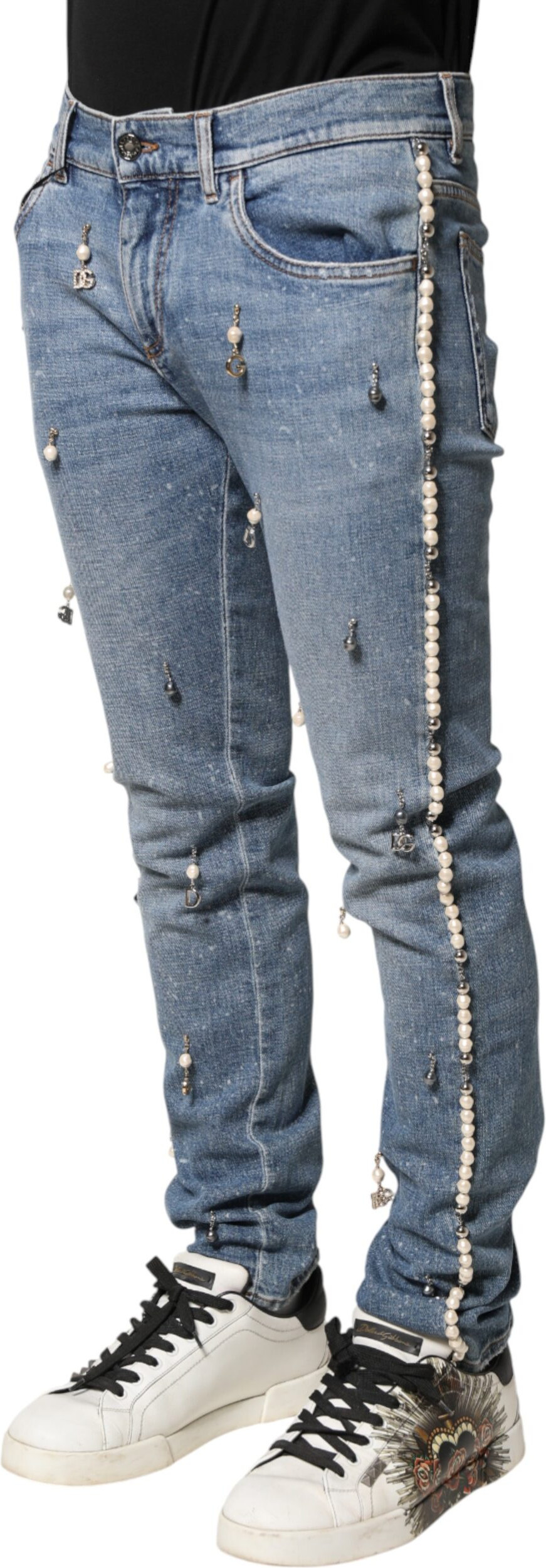 Blue Embellished Cotton Skinny Denim Jeans by Dolce & Gabbana