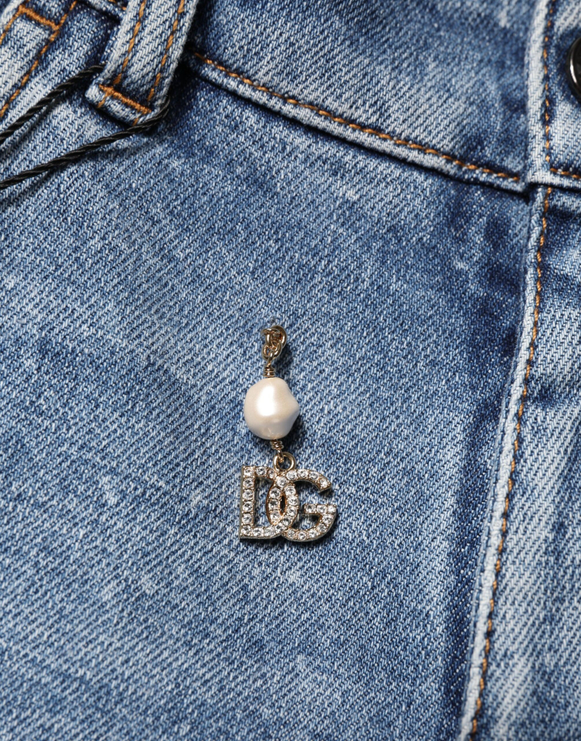 Blue Embellished Cotton Skinny Denim Jeans by Dolce & Gabbana