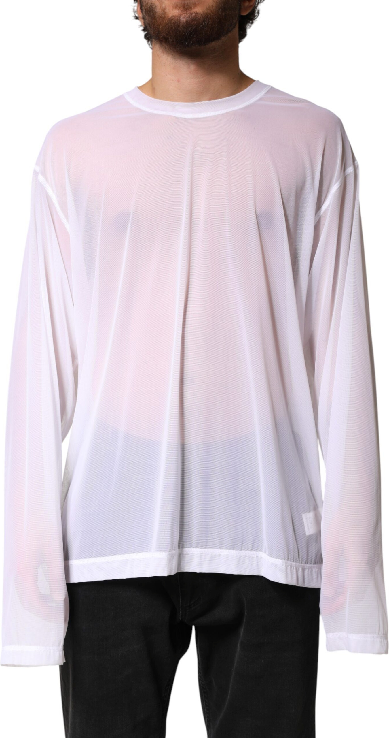 White Nylon Long Sleeves Crewneck T-Shirt Dolce & Gabbana