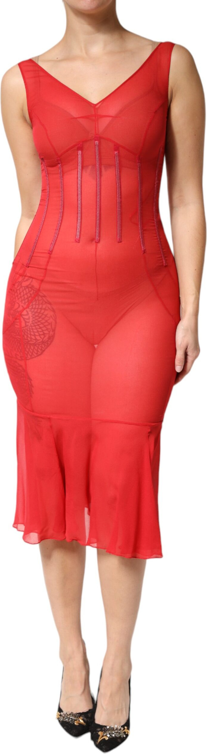 Rotes Seiden-Kleid ohne Ärmel, figurbetont, V-Ausschnitt, Midi-Länge von Dolce & Gabbana