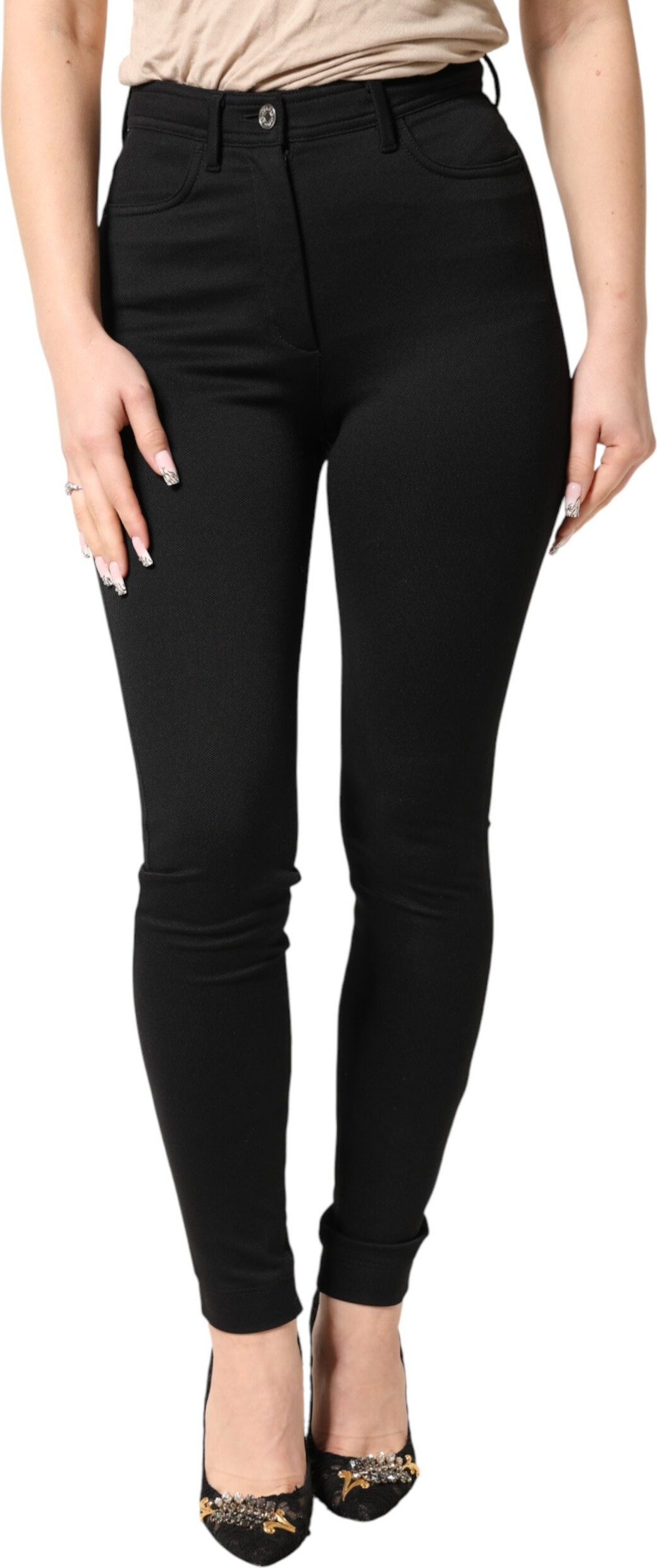 Black Nylon Stretch Skinny High Waist Pants by Dolce & Gabbana