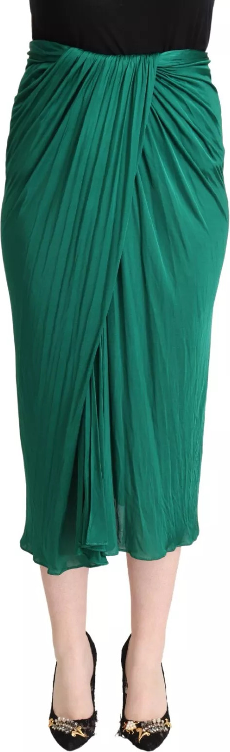 Dolce & Gabbana Dark Green High Waist Midi Skirt Pencil Cut Pleated
