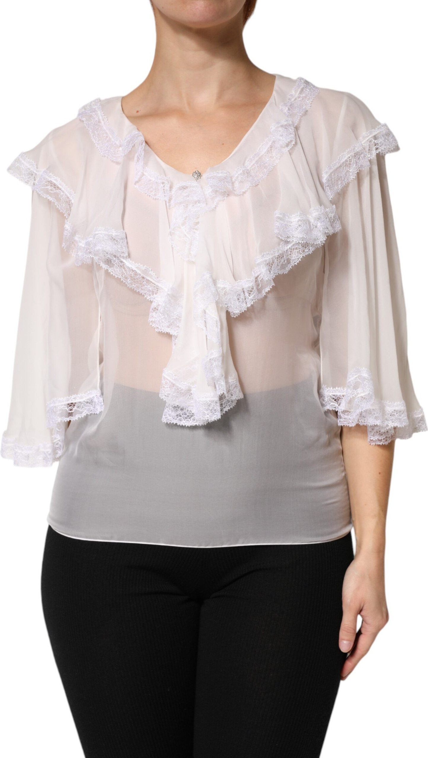 White Ruffles Lace Long Sleeve Blouse Dolce & Gabbana