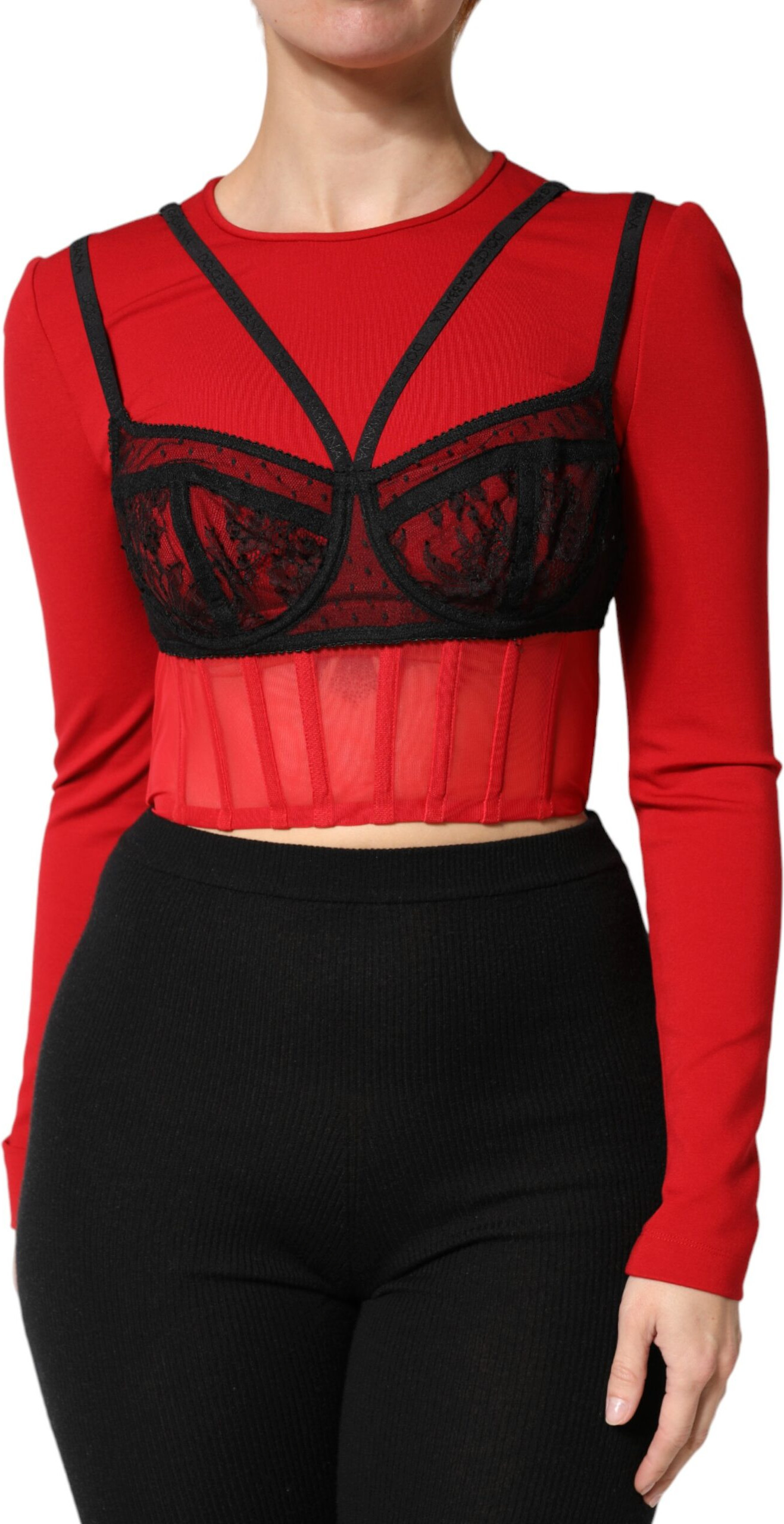 Red Black Nylon Bralette-Style Cropped Top - Dolce & Gabbana