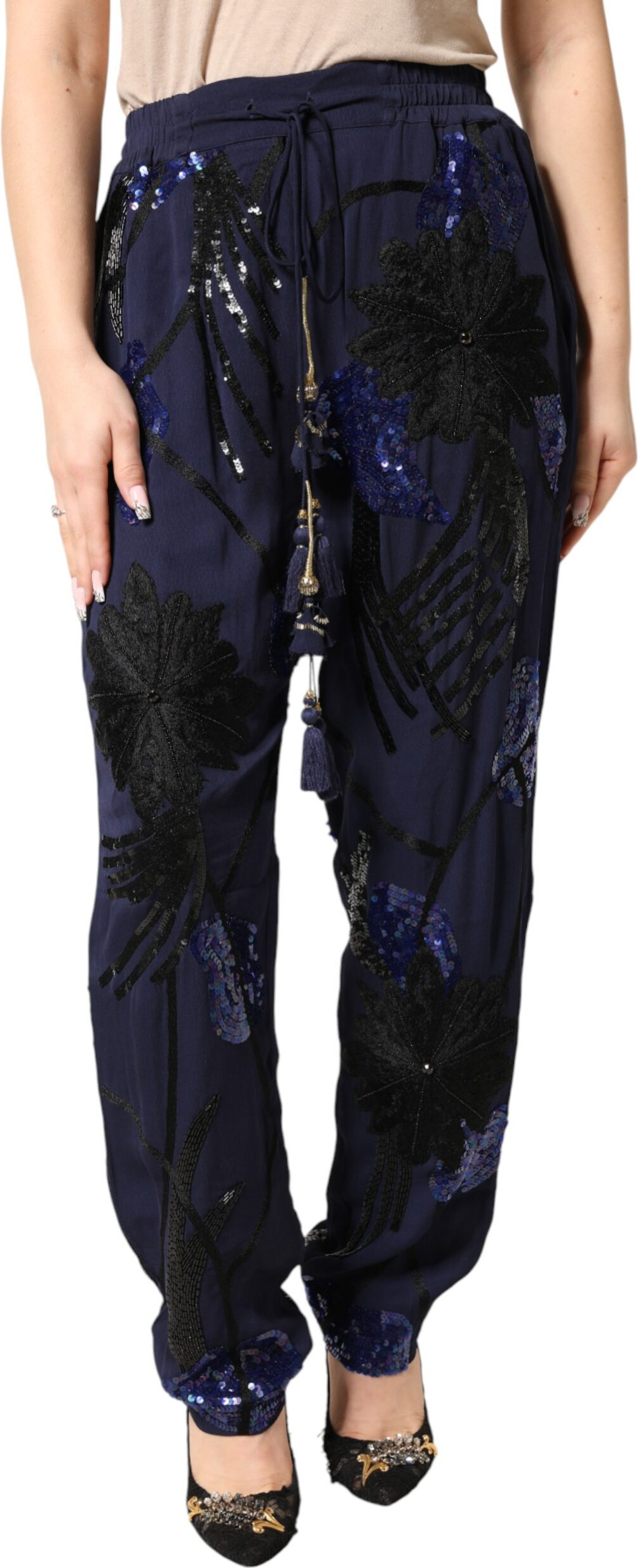 Blue Sequined Tapered Trouser Pants Christian Pellizzari