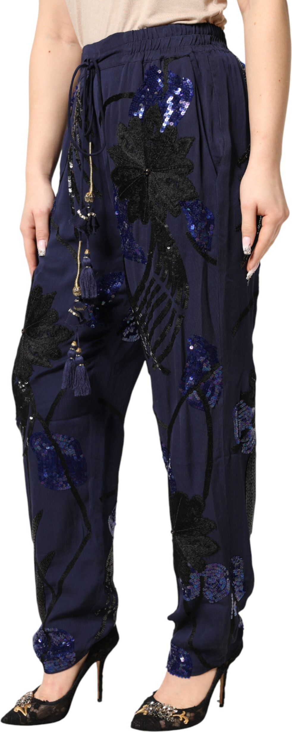 Blue Sequined Tapered Trouser Pants Christian Pellizzari