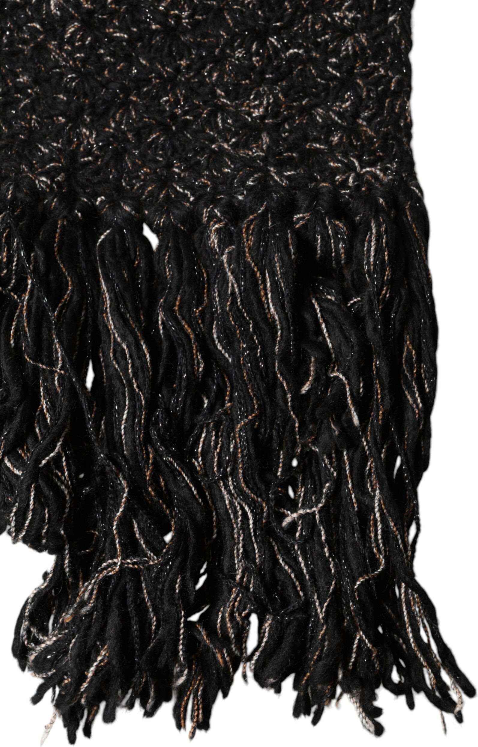 Dolce & Gabbana Black Wool Fringes Neck Wrap Foulard Scarf