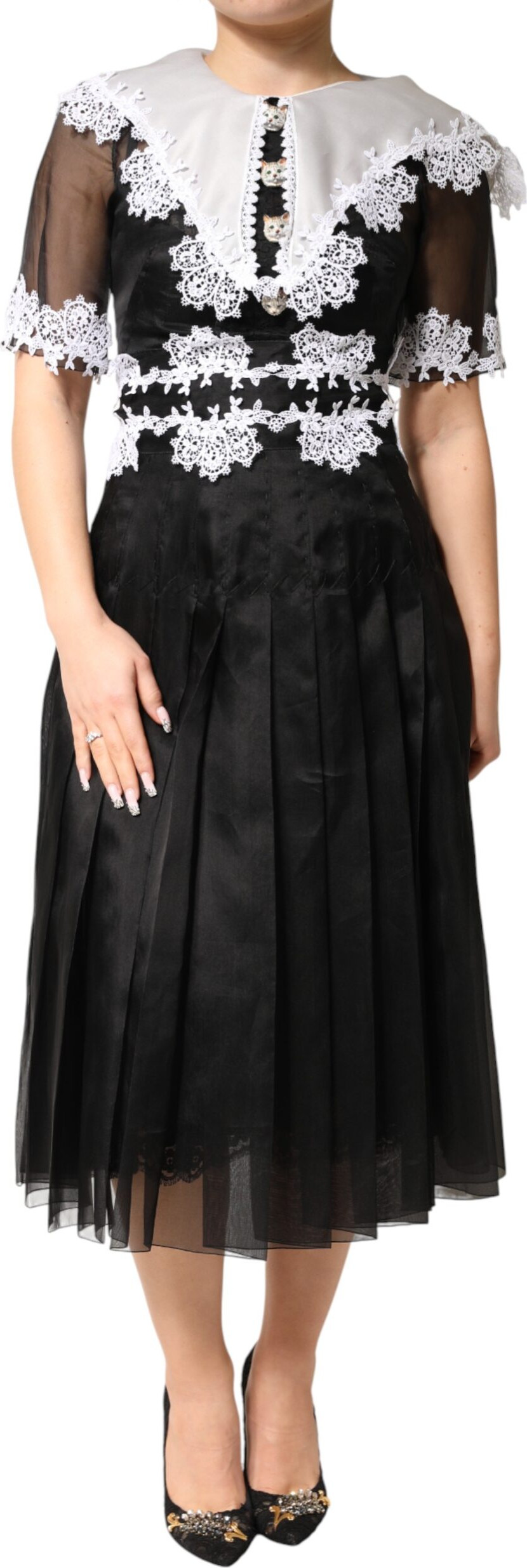 Dolce & Gabbana Black White Silk Macrame Lace Midi Dress