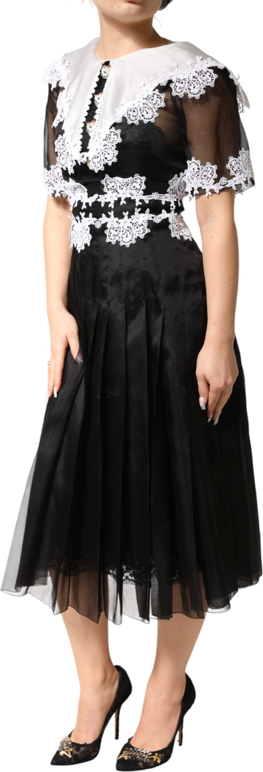 Dolce & Gabbana Black White Silk Macrame Lace Midi Dress