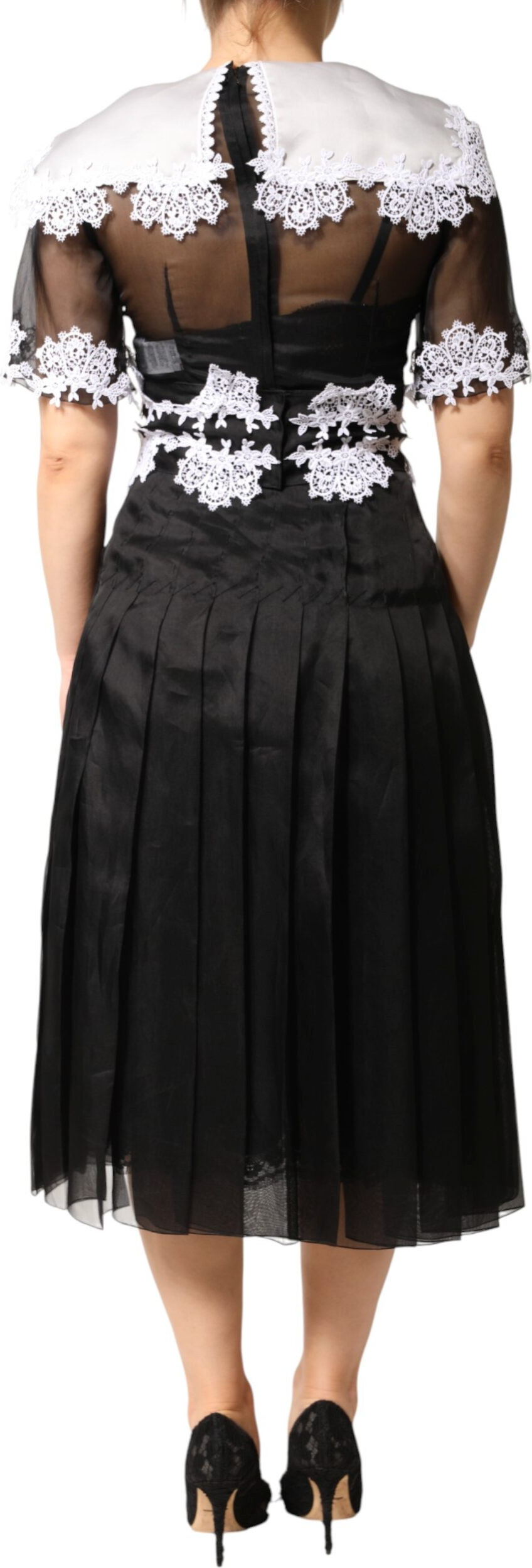 Dolce & Gabbana Black White Silk Macrame Lace Midi Dress