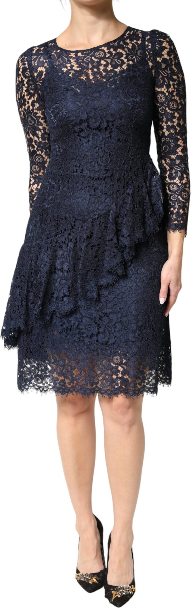 Blue Lace Ruffle A-line Knee Length Dress Dolce & Gabbana