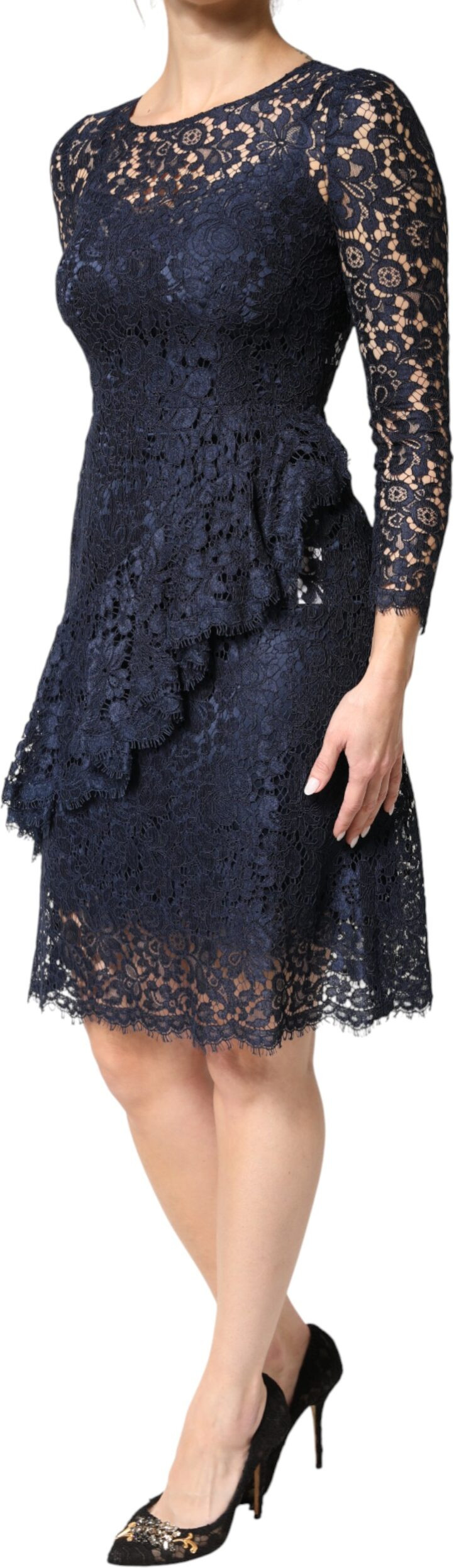 Blue Lace Ruffle A-line Knee Length Dress Dolce & Gabbana