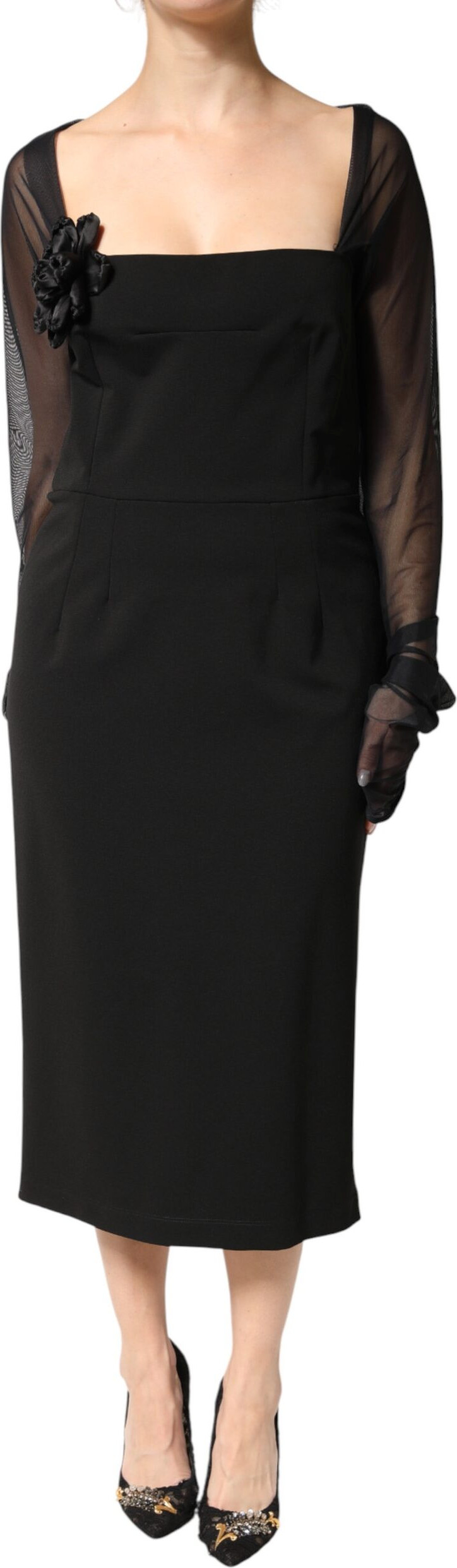 Midi Dress Dolce & Gabbana Black Sheer Yoke Rosette Sheath Dress