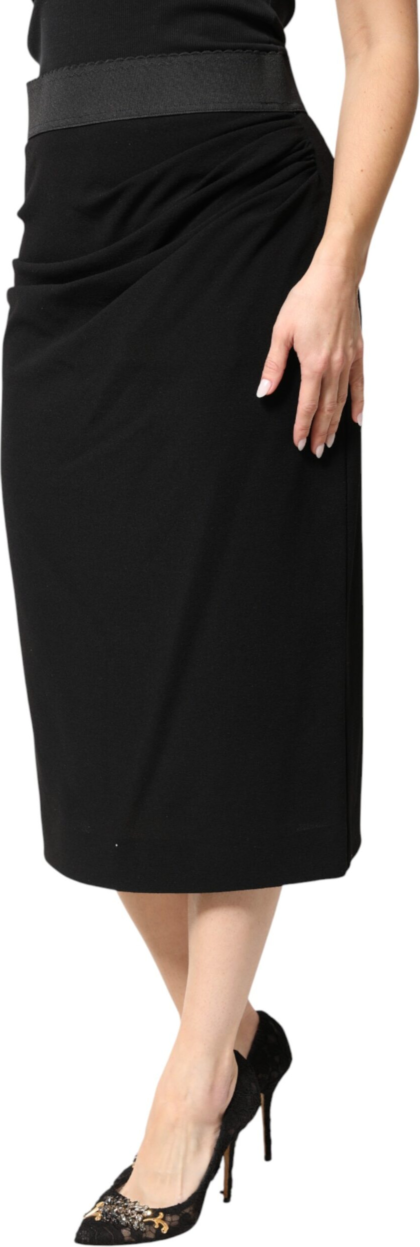 Dolce & Gabbana Black Wool High Waist Pencil Cut Midi Skirt