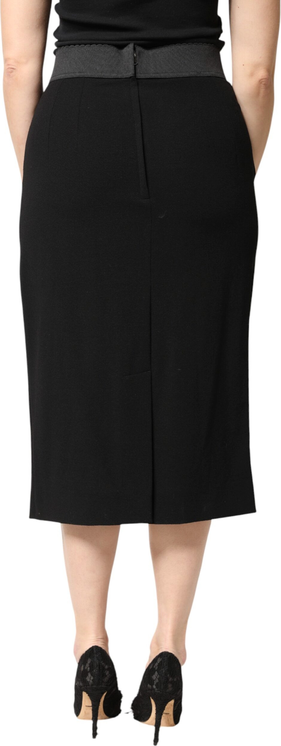 Dolce & Gabbana Black Wool High Waist Pencil Cut Midi Skirt