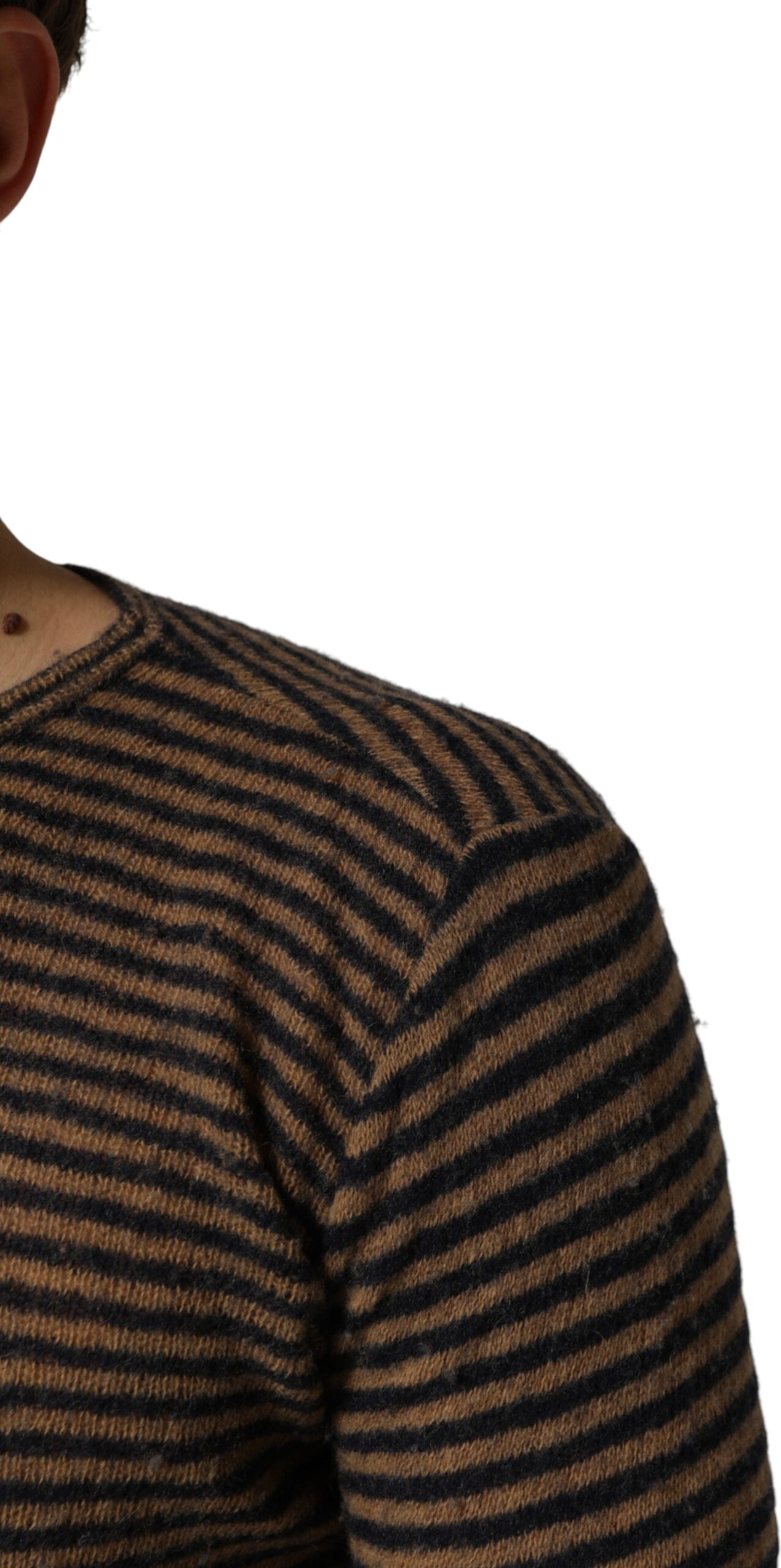 Brauner Schwarzer Gestreifter Wollpullover mit Rundhalsausschnitt Daniele Alessandrini