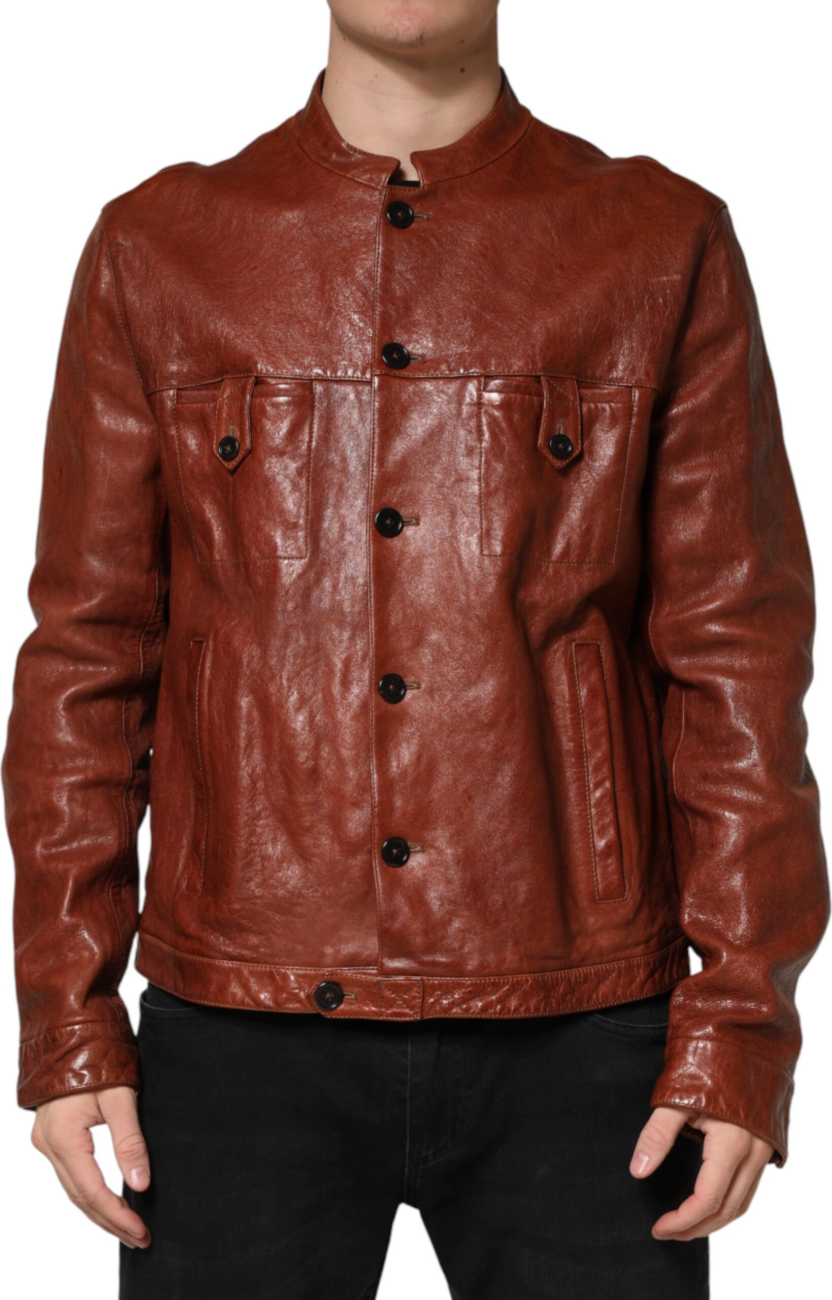 Brown Leather Button Down Men Biker Jacket