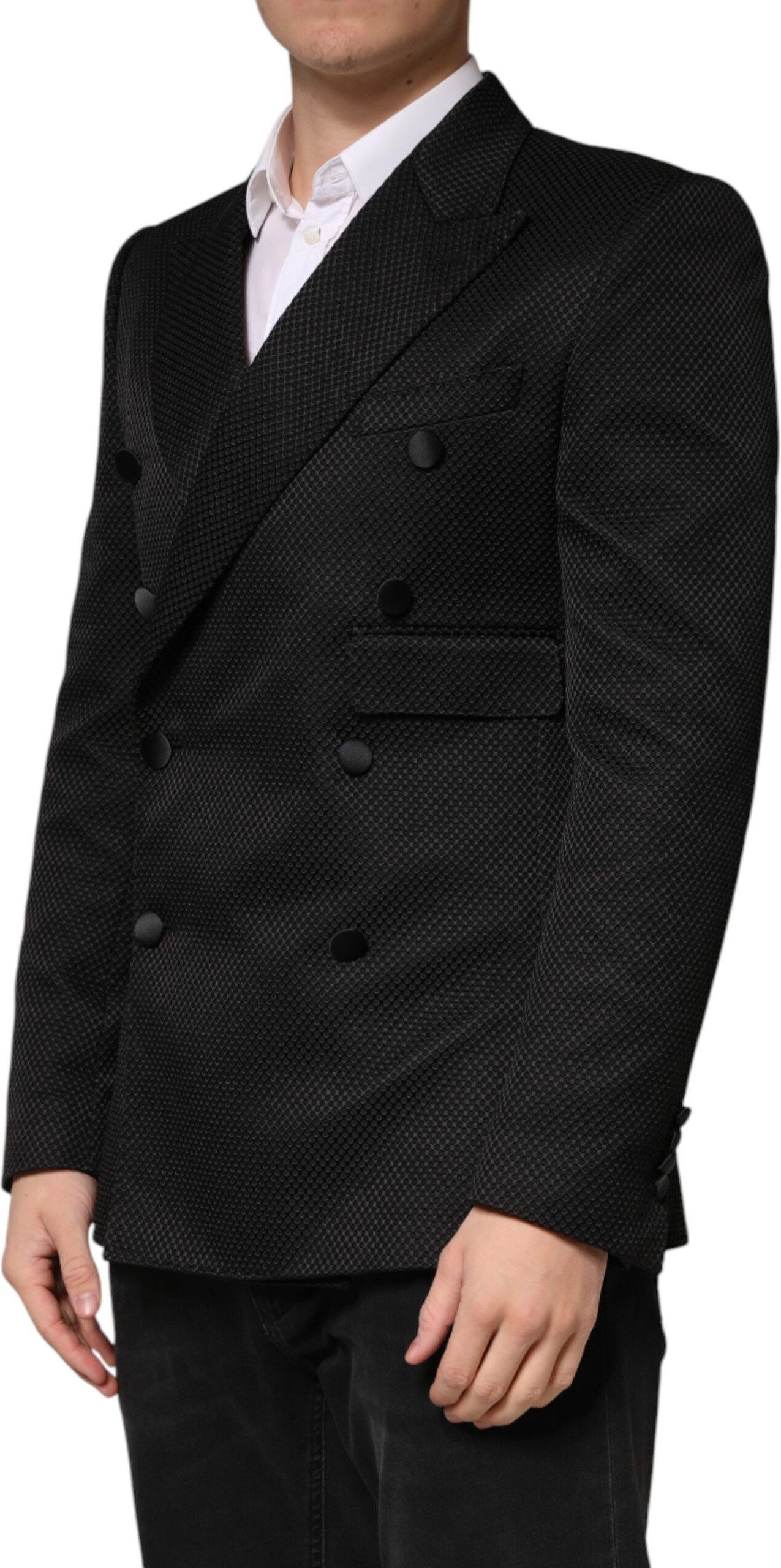 Black Cotton Double Breasted 2 Button Blazer