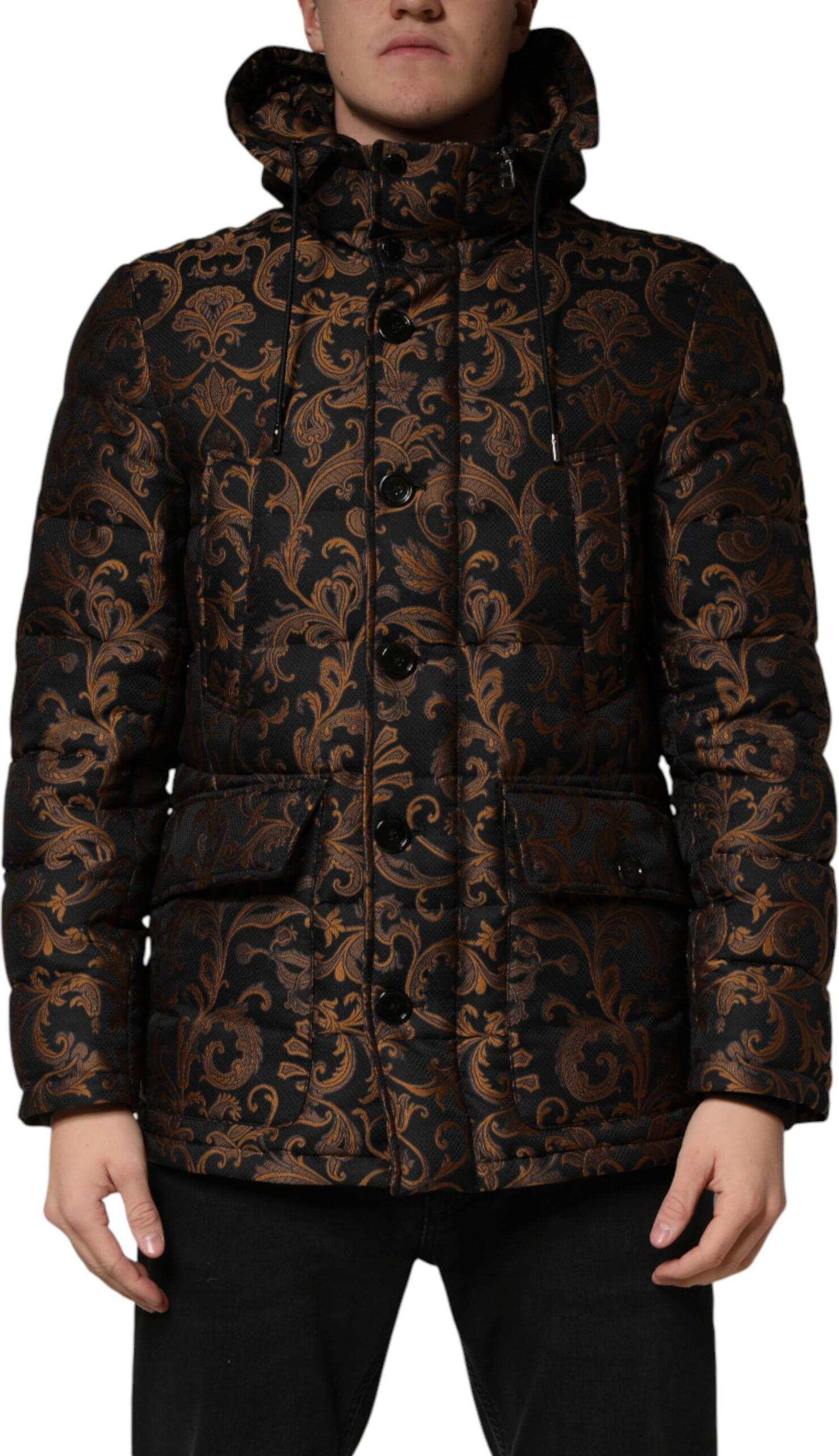Black Floral Jacquard Quilted Hooded Jacket Dolce & Gabbana