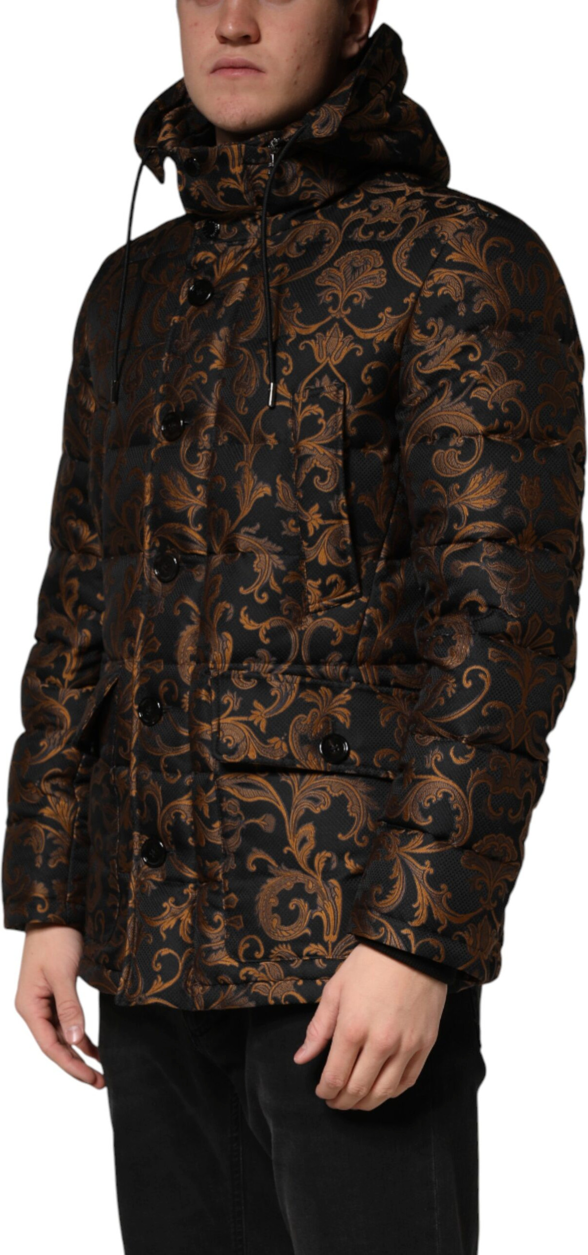 Black Floral Jacquard Quilted Hooded Jacket Dolce & Gabbana