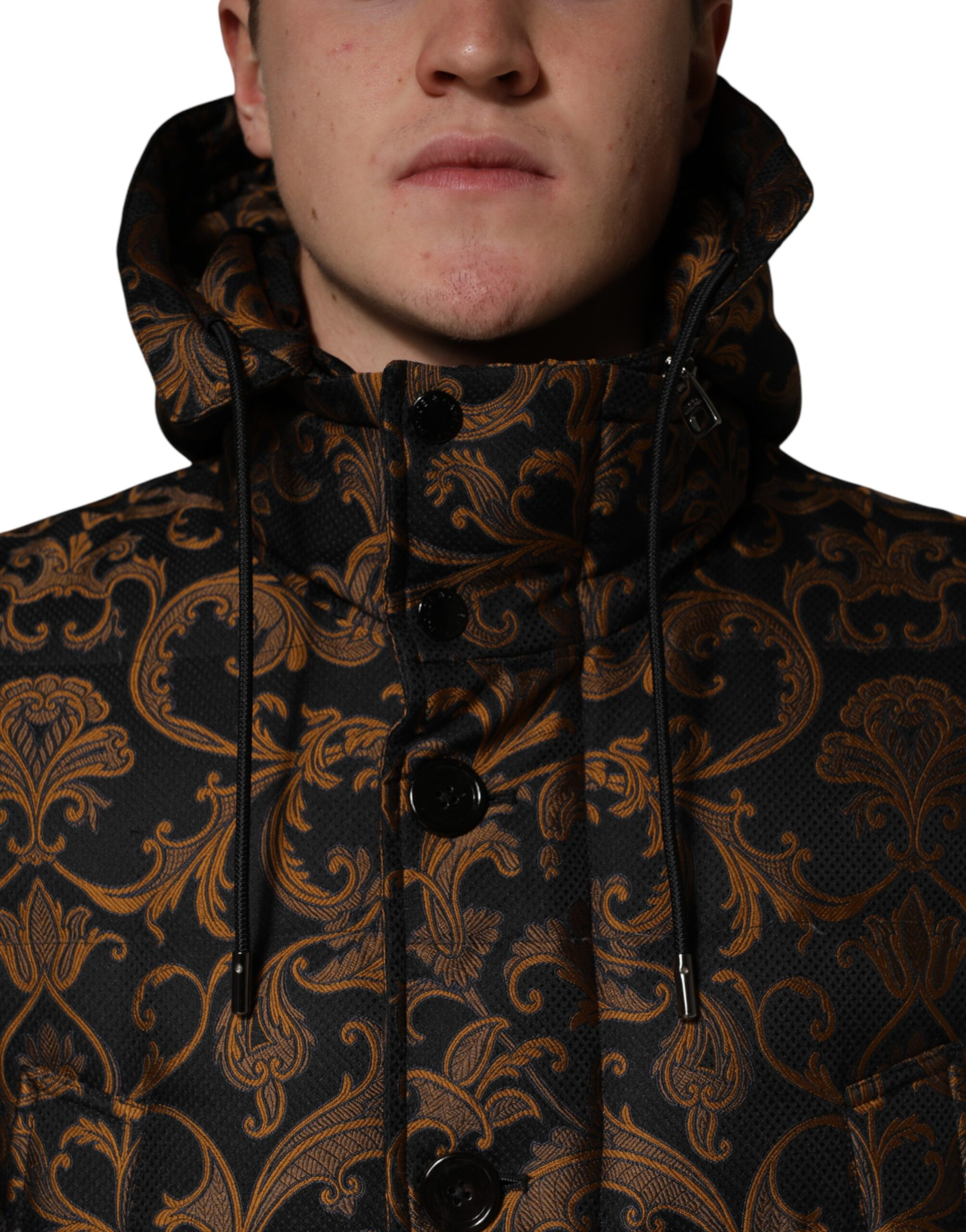 Black Floral Jacquard Quilted Hooded Jacket Dolce & Gabbana
