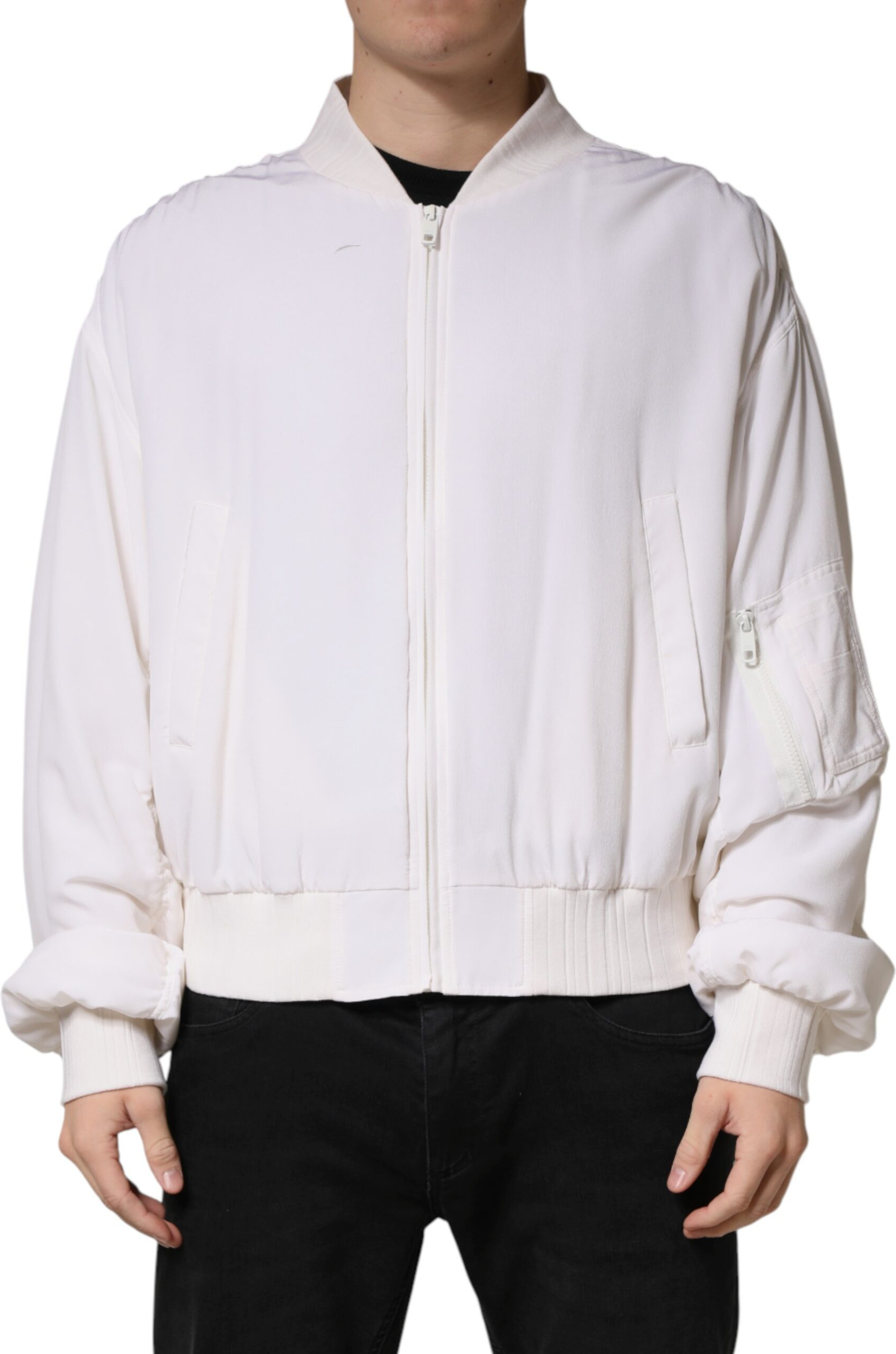 White Silk Full Zip Bomber Blouson Jacket - Dolce & Gabbana