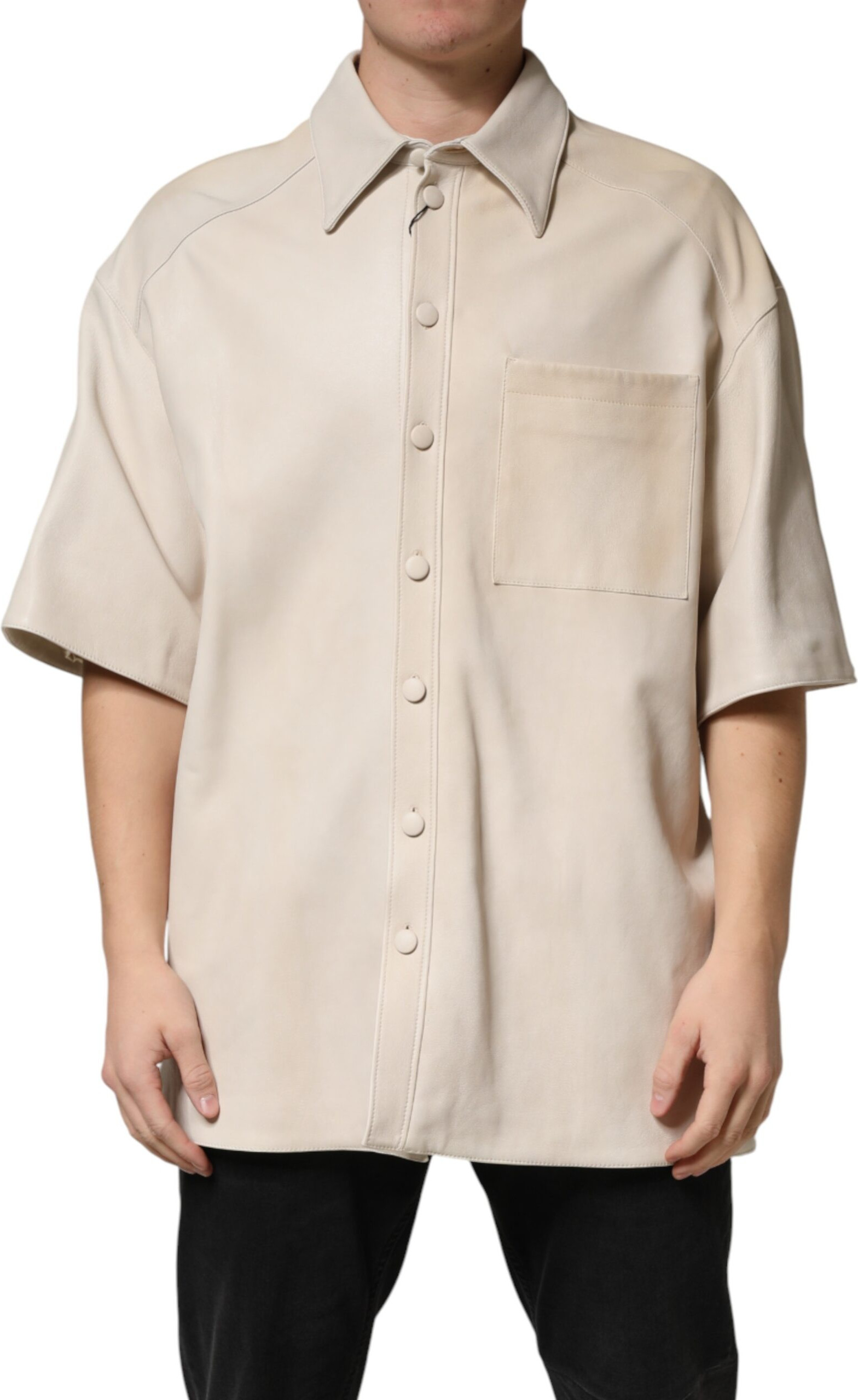 Beige Leather Button Down Shirt Dolce & Gabbana