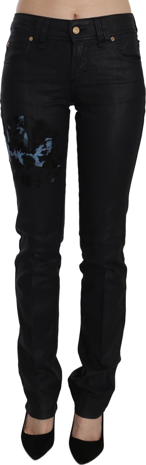 John Galliano Schwarzer Schwan Blumenstickerei Mid Waist Skinny Jeans