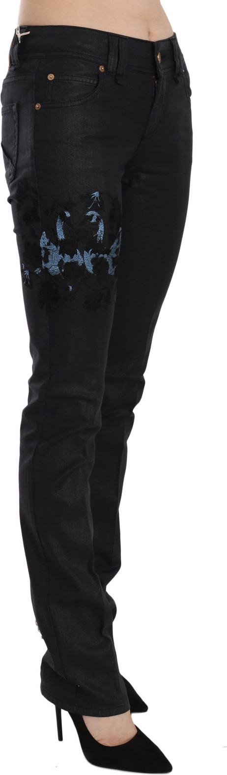 Black Swan Floral Embroidered Mid Waist Skinny Denim Jeans John Galliano