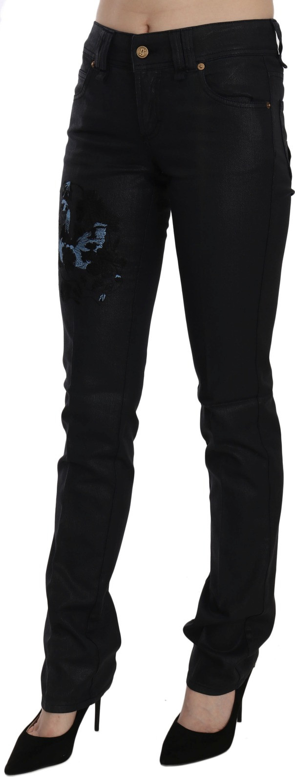 Black Swan Floral Embroidered Mid Waist Skinny Denim Jeans John Galliano