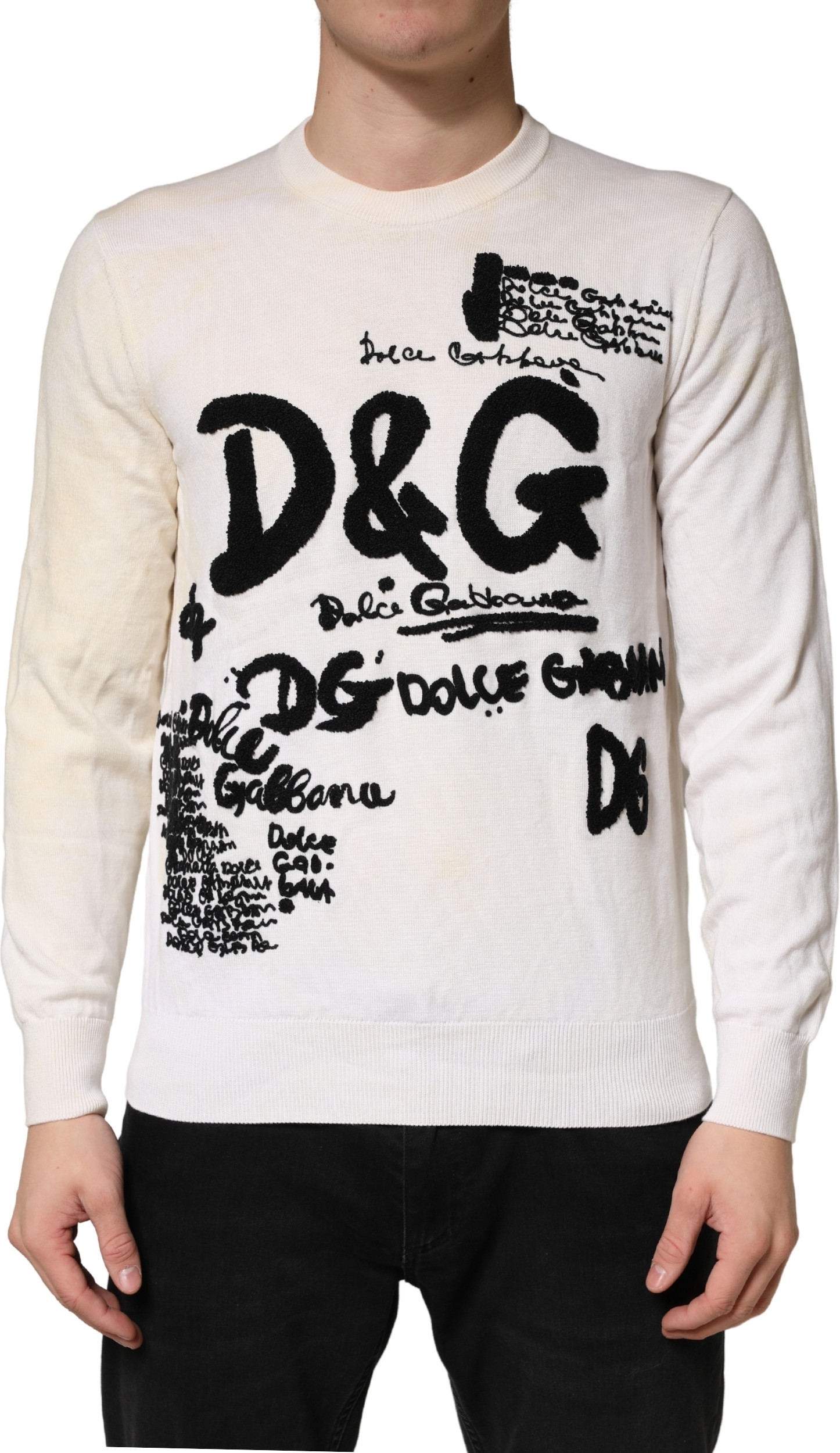 Dolce & Gabbana White Virgin Wool Graphic Logo Crewneck Sweater