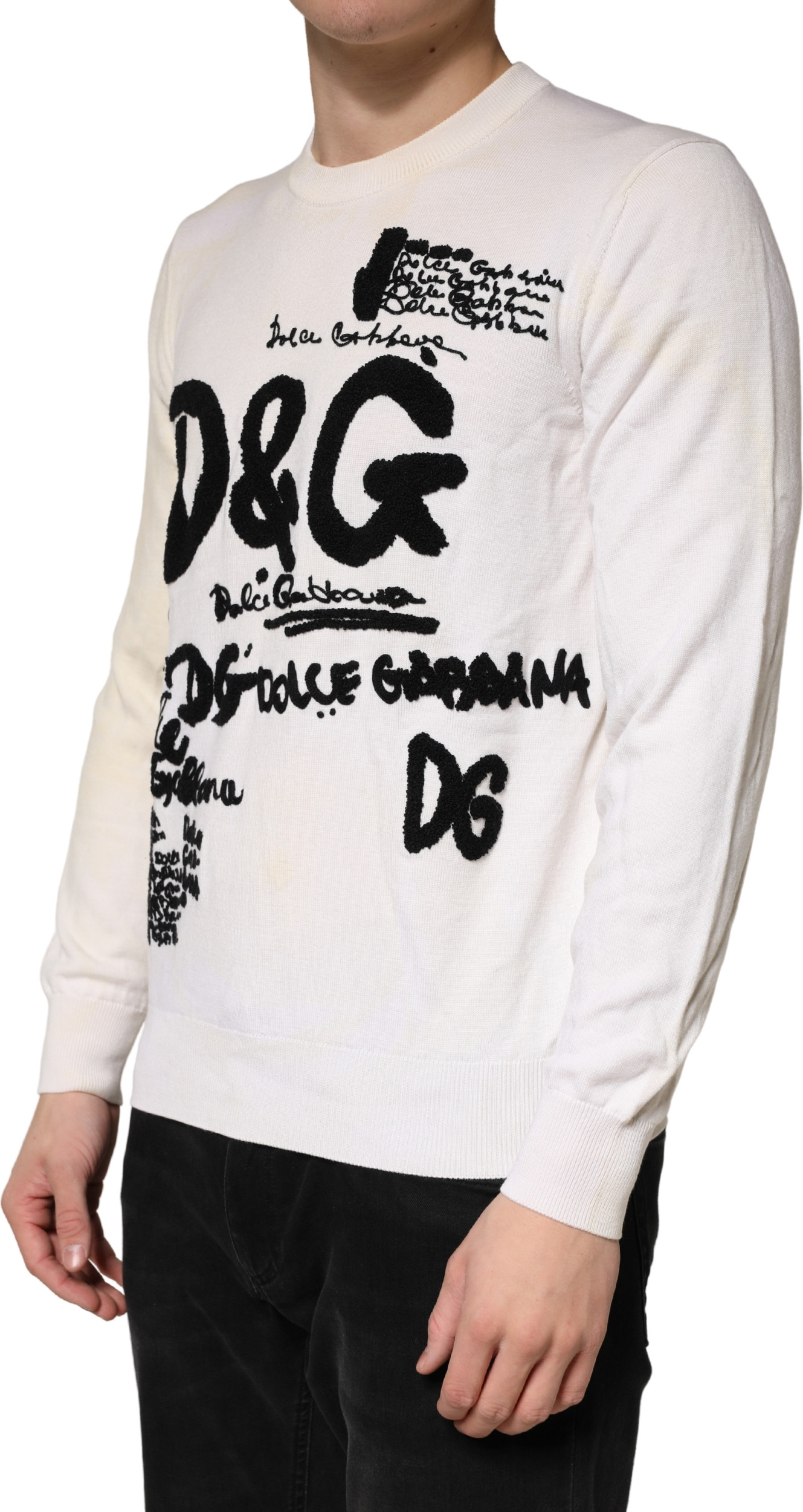 Dolce & Gabbana White Virgin Wool Graphic Logo Crewneck Sweater