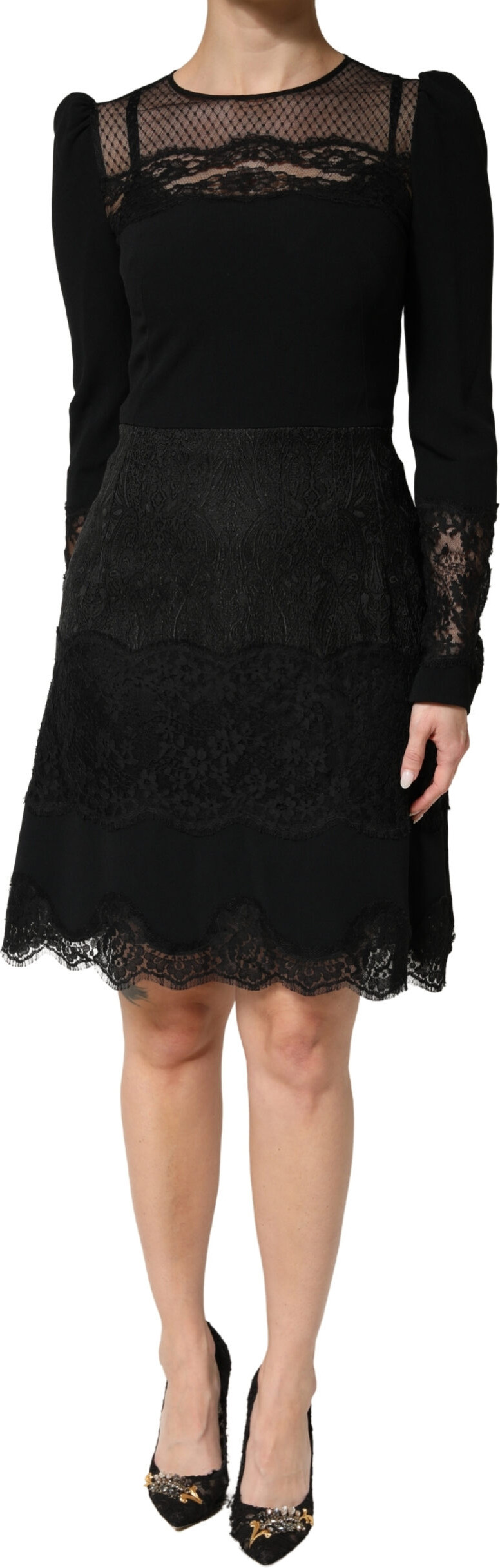 Dress Dolce & Gabbana Black Lace Sheer Panel Midi Long Sleeve