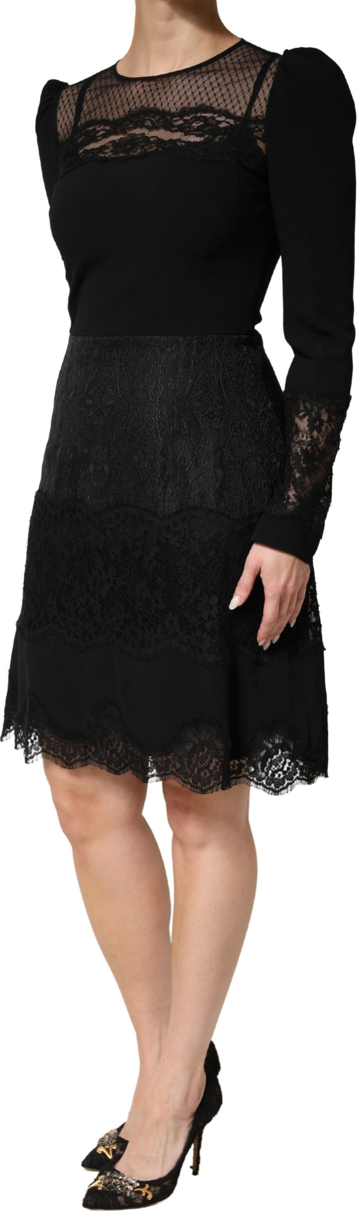 Dress Dolce & Gabbana Black Lace Sheer Panel Midi Long Sleeve