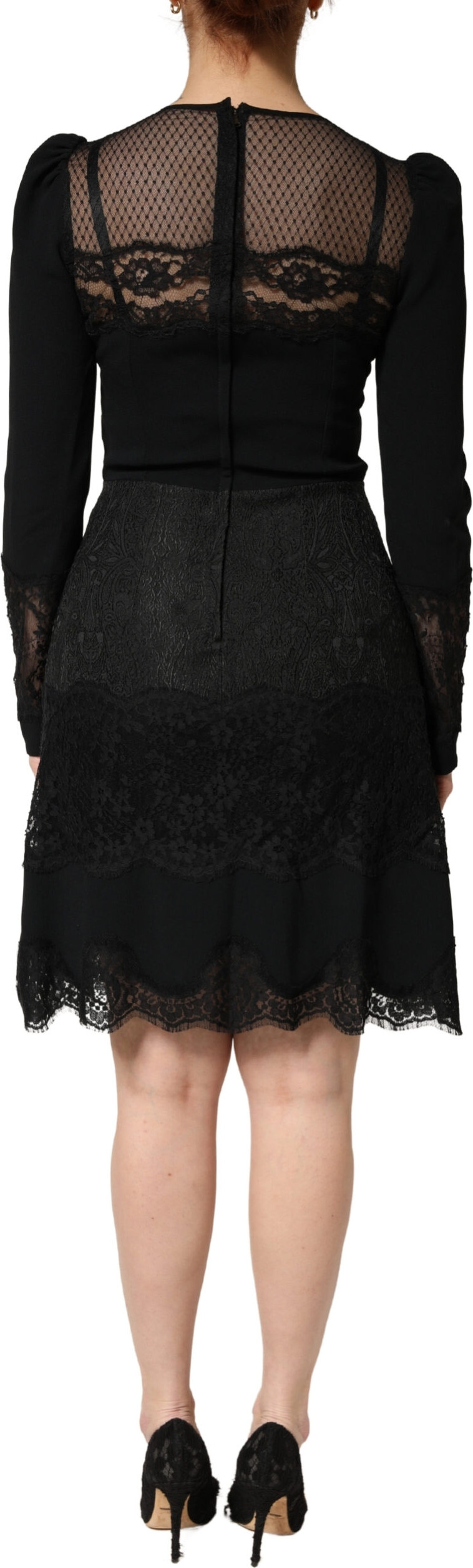 Dress Dolce & Gabbana Black Lace Sheer Panel Midi Long Sleeve