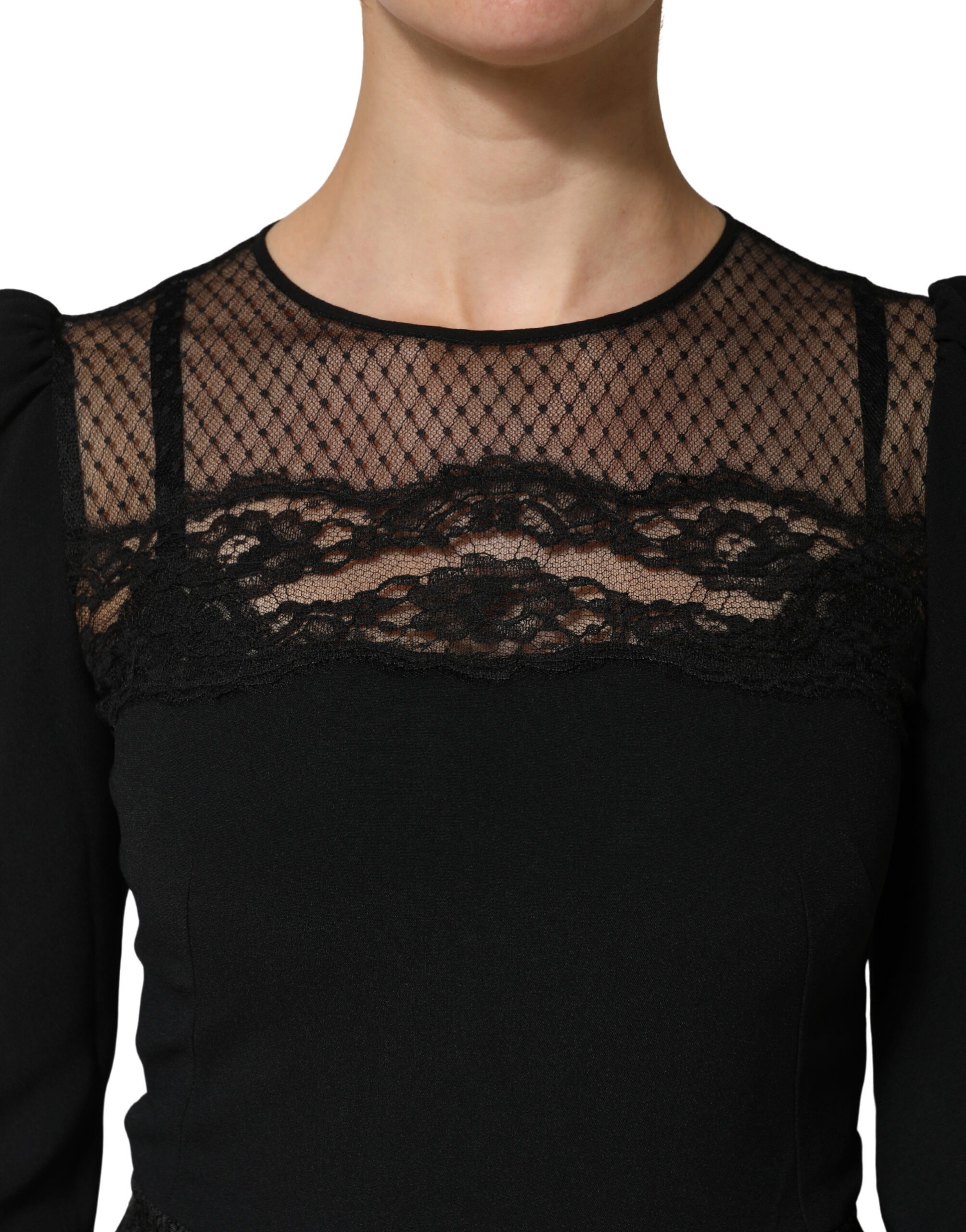 Dress Dolce & Gabbana Black Lace Sheer Panel Midi Long Sleeve