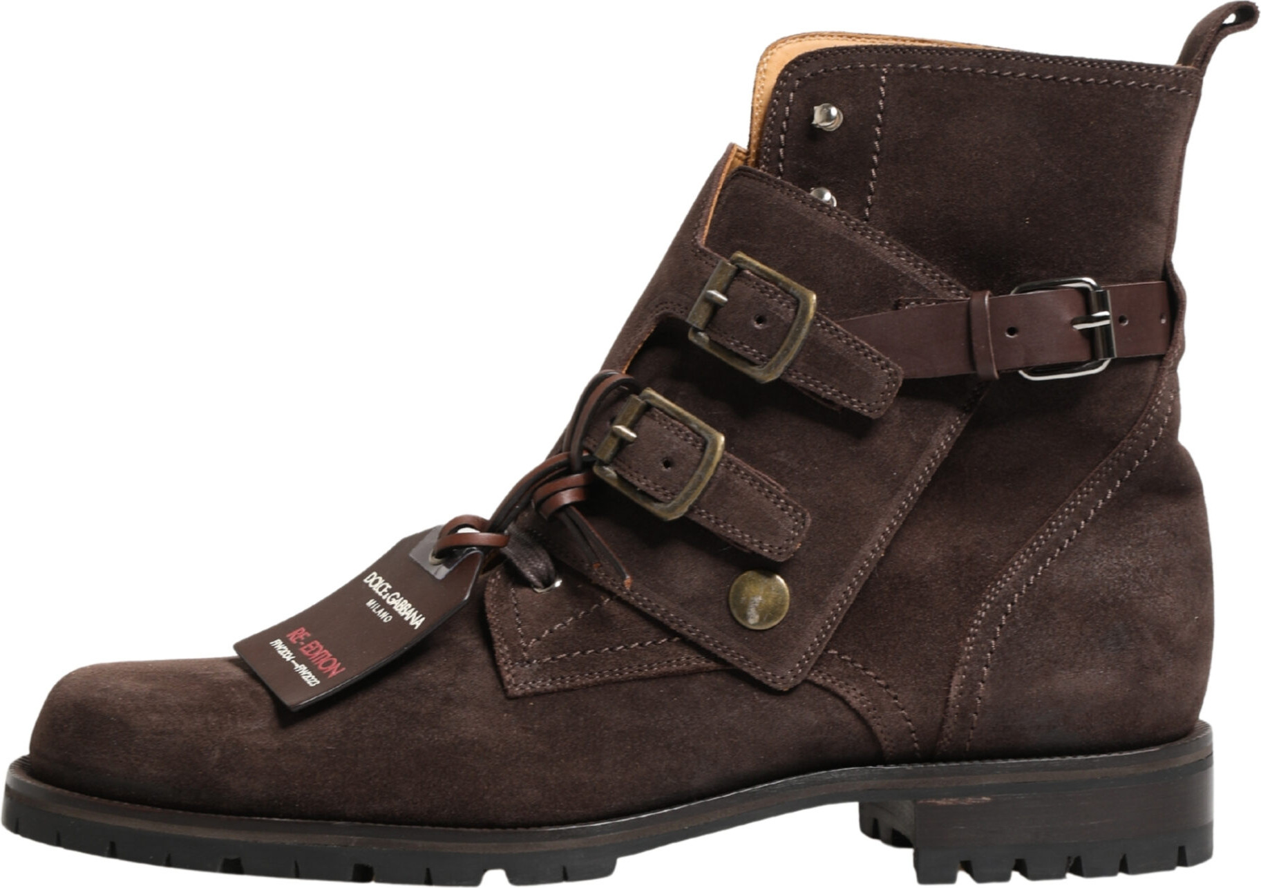 Braune Wildleder-Lederschnürstiefel mit Schnalle, Schuhe von Dolce & Gabbana