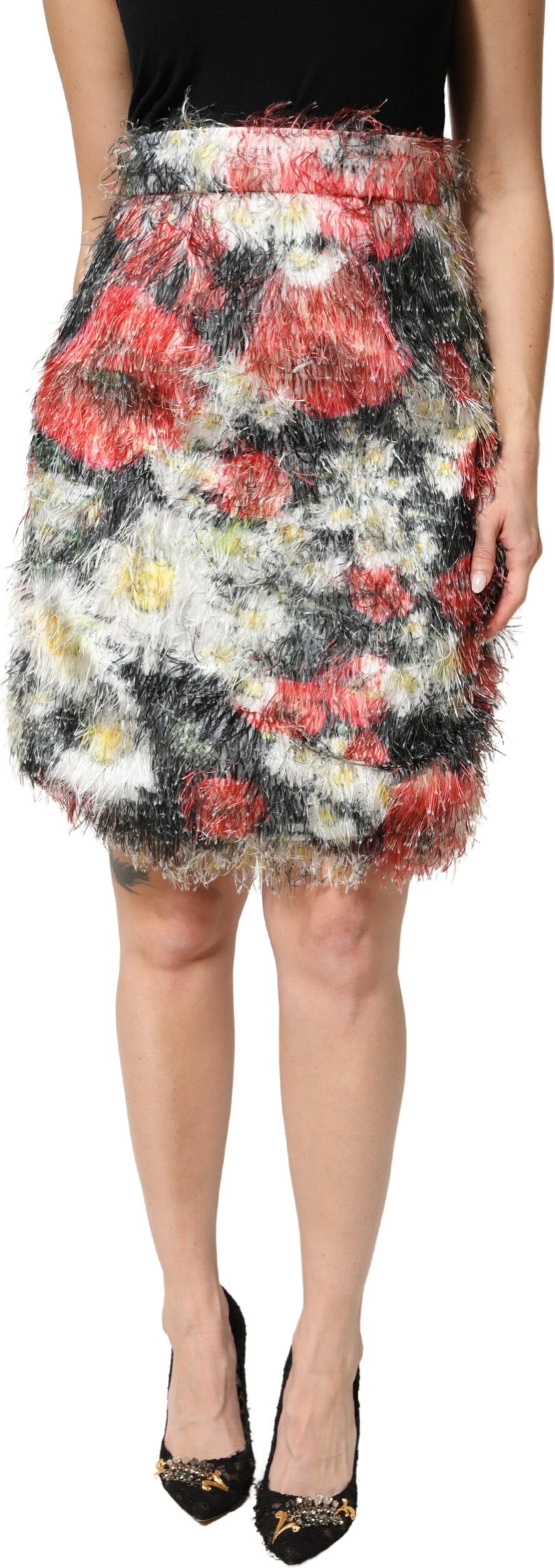 Multicolor Floral Textured Faux Fur Pencil Skirt Dolce & Gabbana