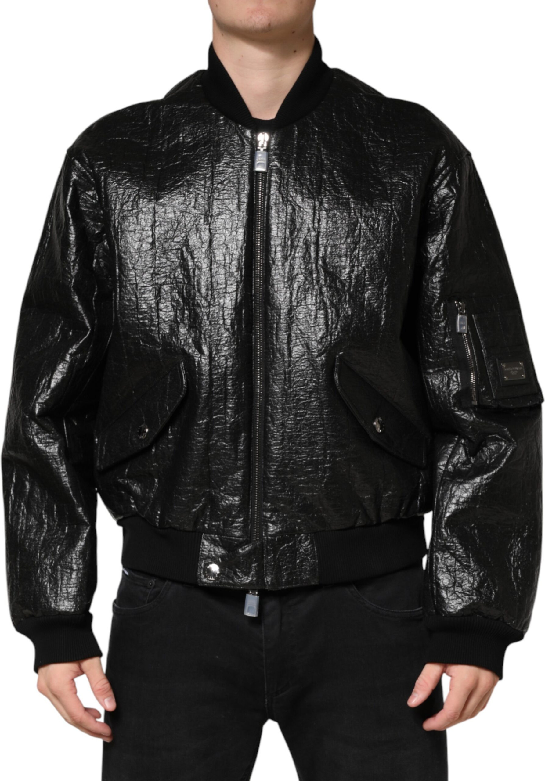 Black Cellulose Leather FullZip Biker Jacket Dolce & Gabbana