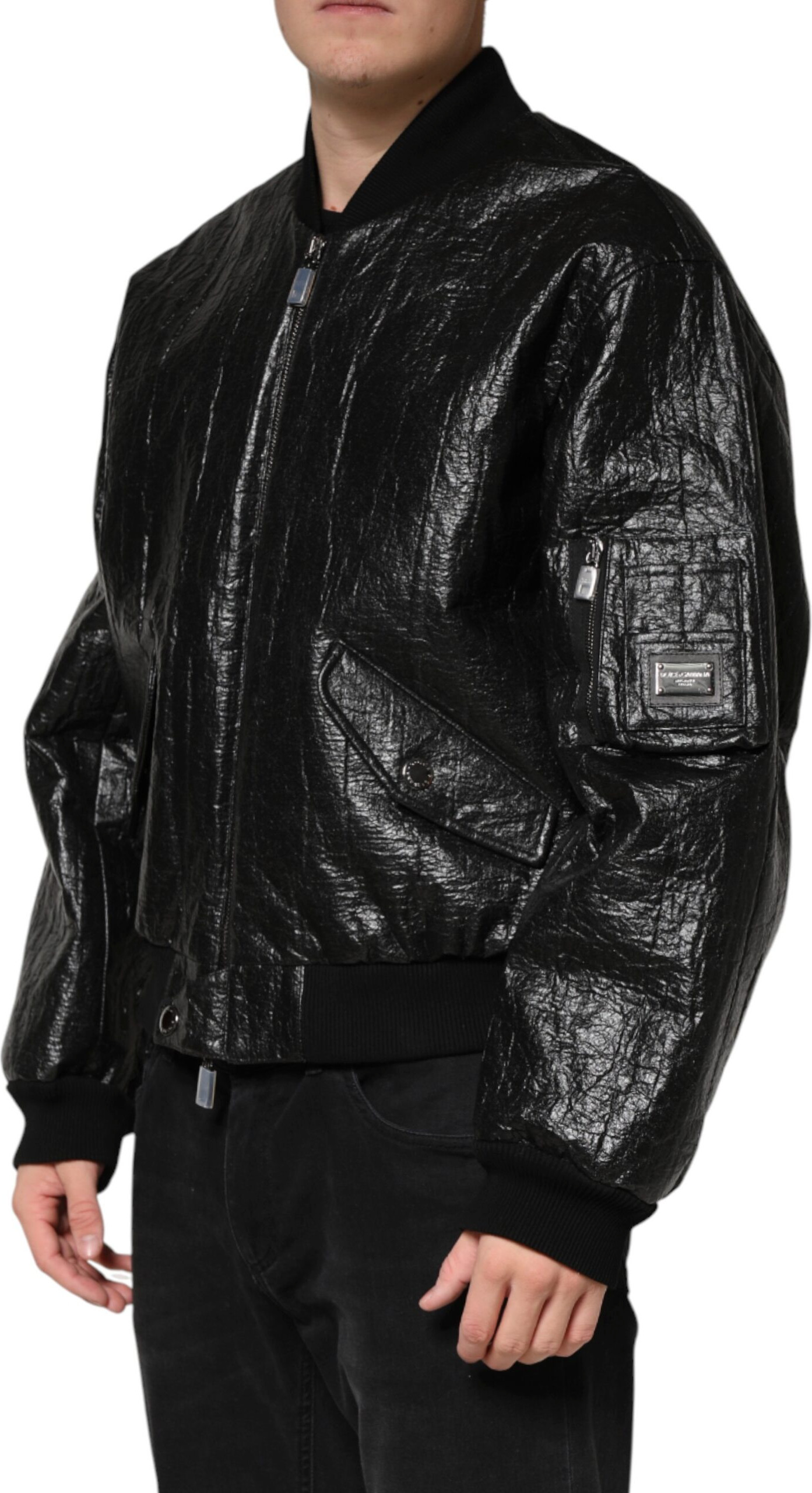 Black Cellulose Leather FullZip Biker Jacket Dolce & Gabbana