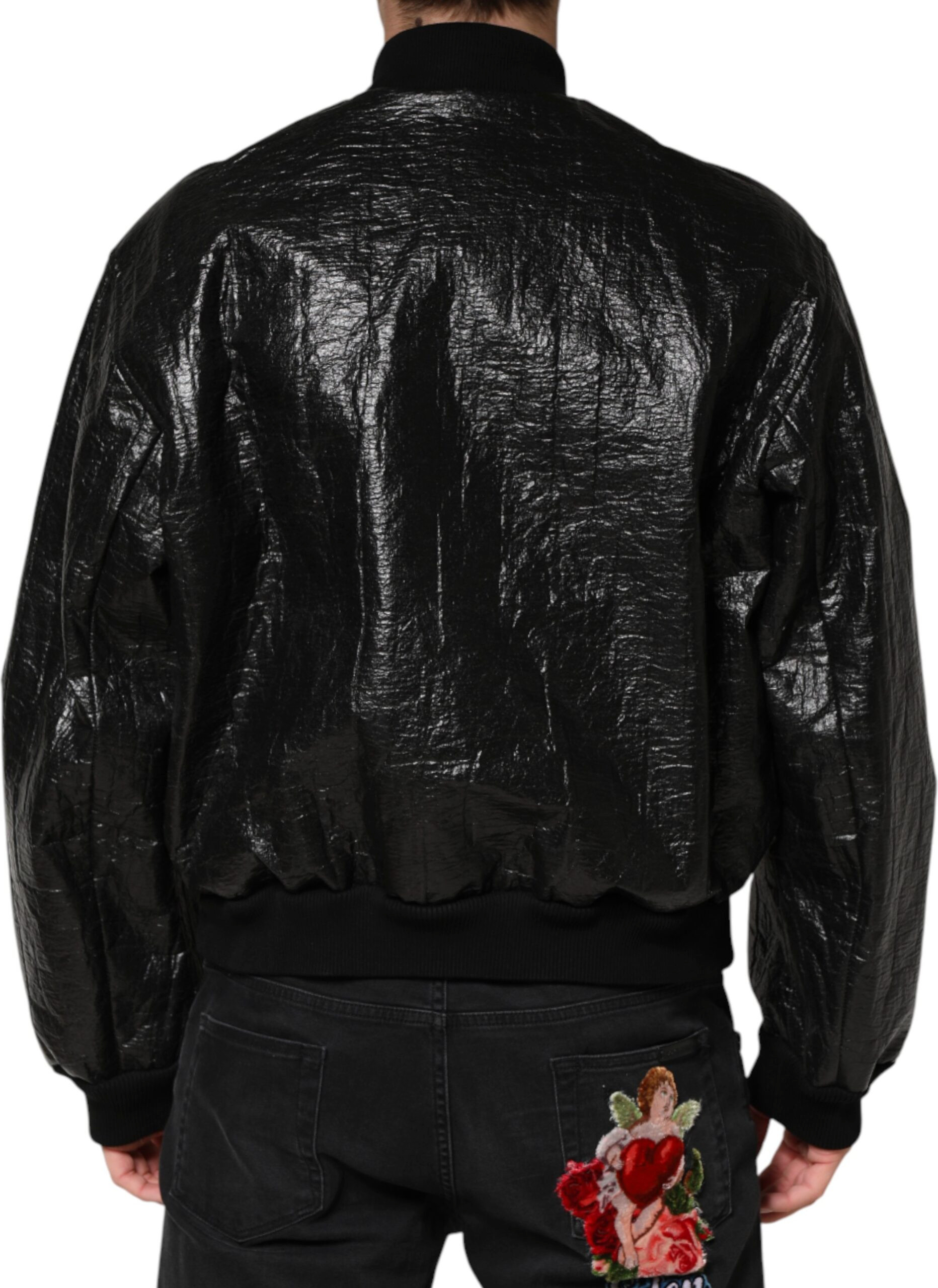 Black Cellulose Leather FullZip Biker Jacket Dolce & Gabbana