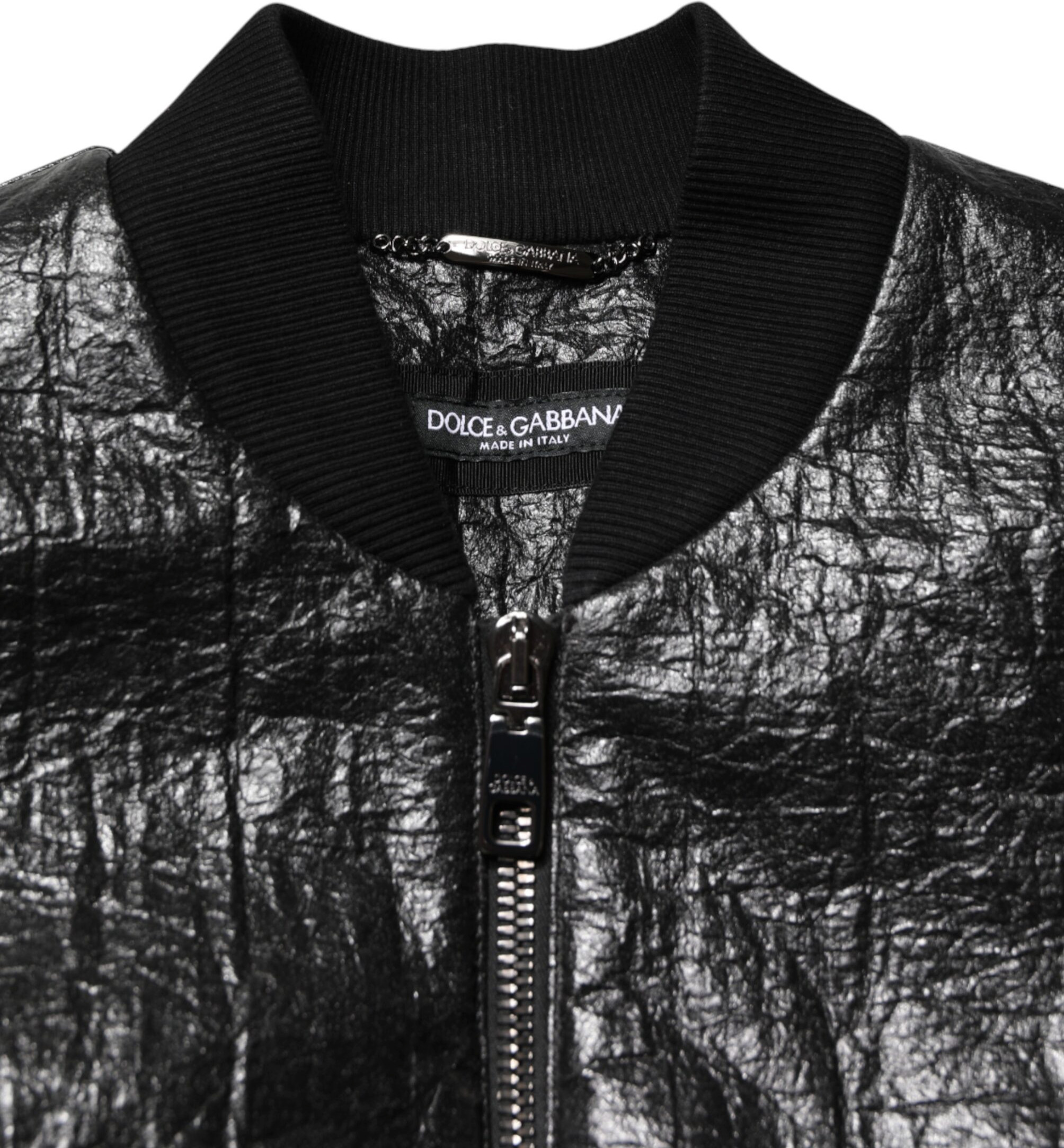 Black Cellulose Leather FullZip Biker Jacket Dolce & Gabbana