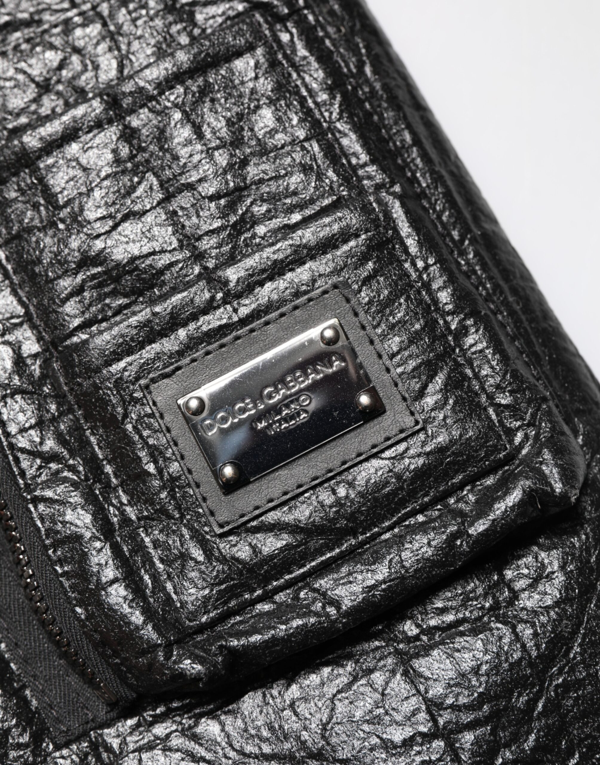 Black Cellulose Leather FullZip Biker Jacket Dolce & Gabbana