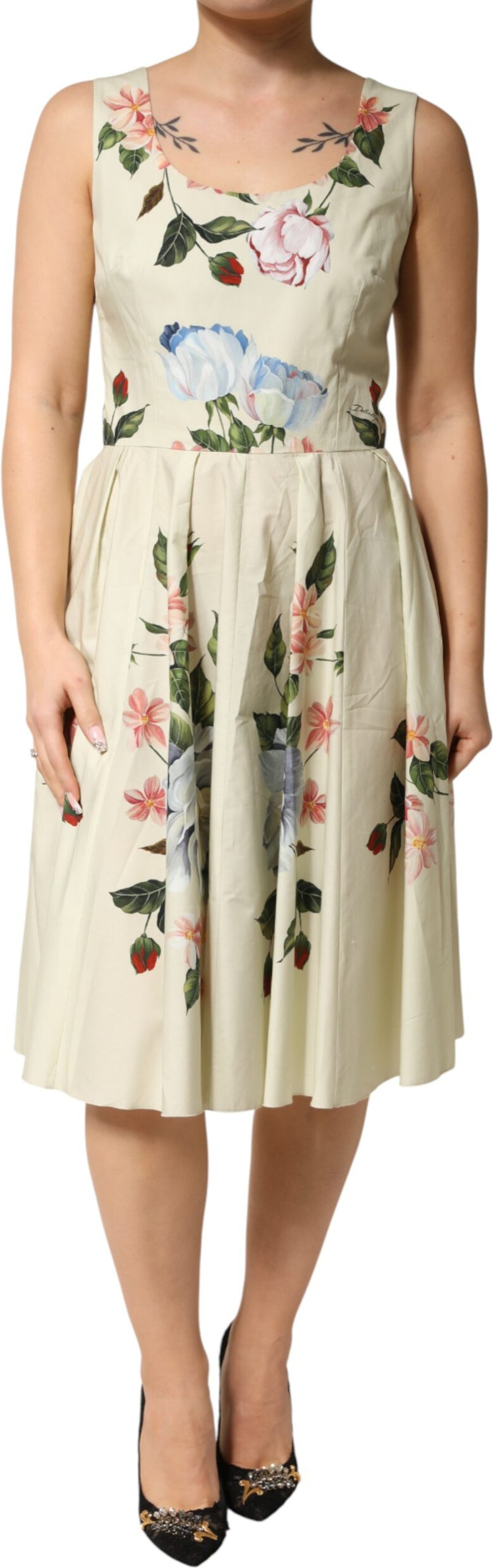 Ärmelloses A-Linien-Kleid mit beigem Blumenmuster