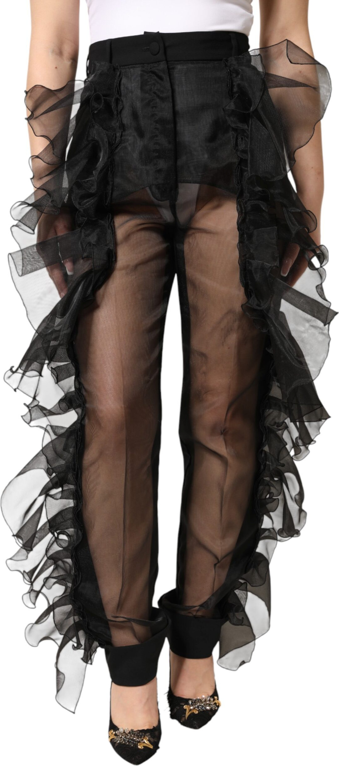 Black High Waist Tulle Wool Trouser Pants Dolce & Gabbana