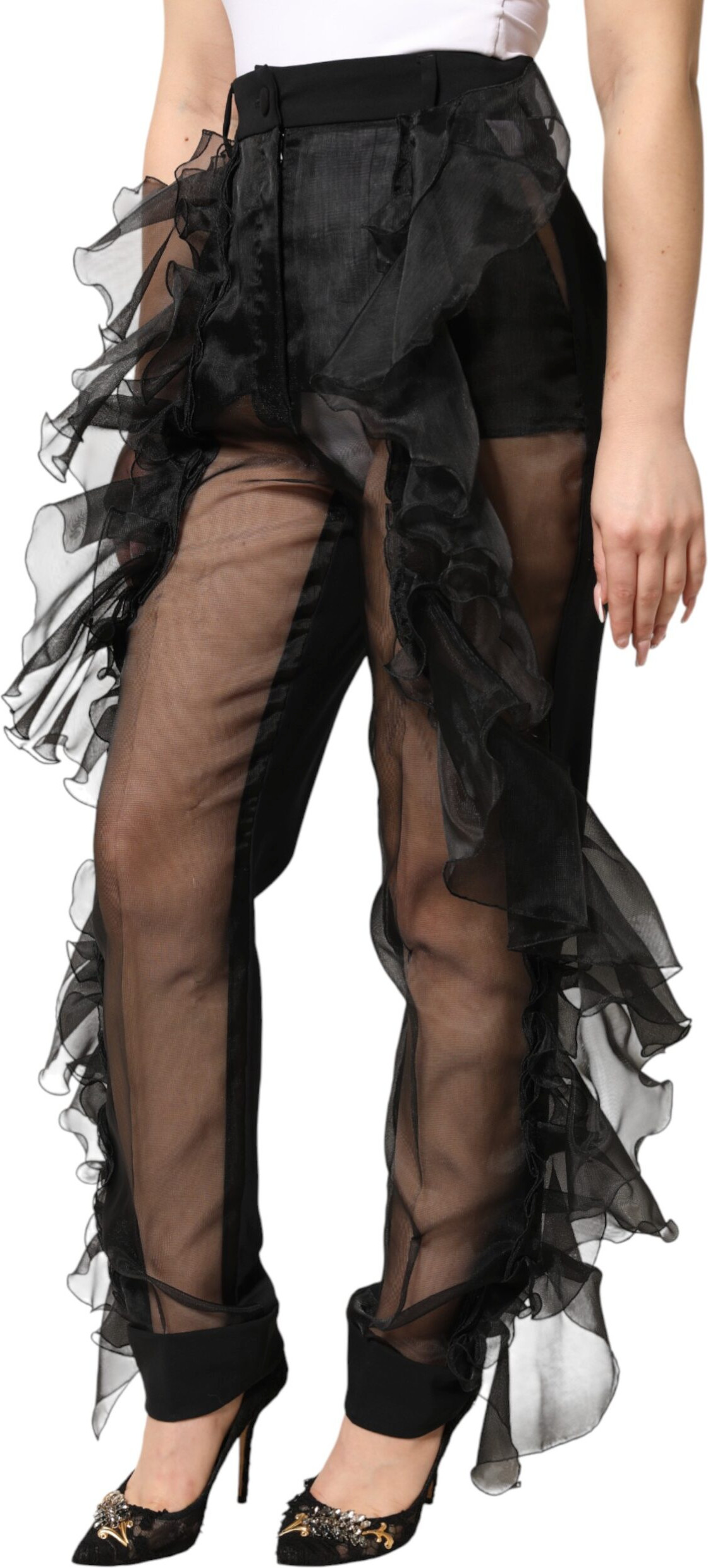 Black High Waist Tulle Wool Trouser Pants Dolce & Gabbana
